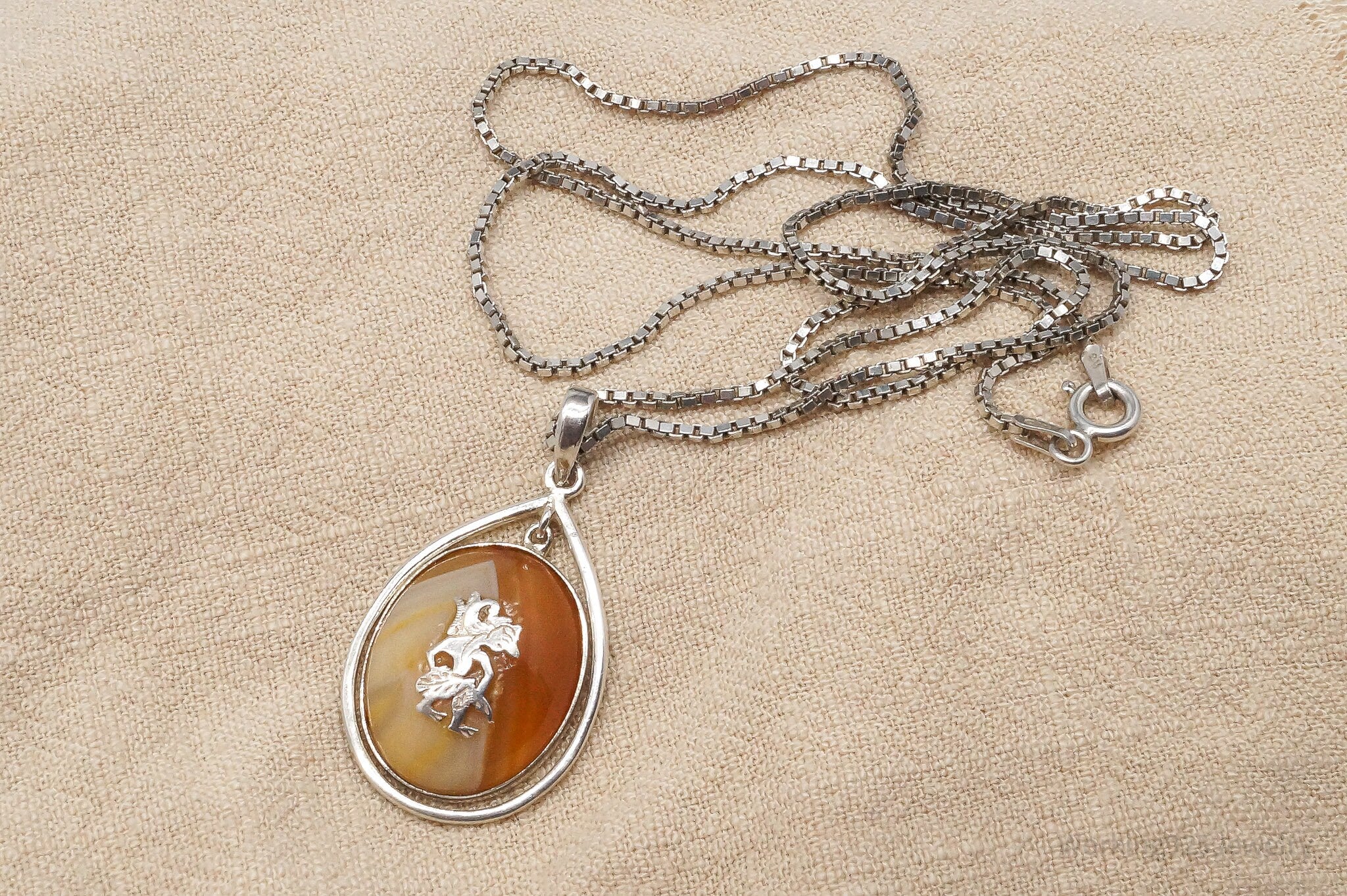 Vintage Large Orange Agate Sterling Silver Necklace 24"