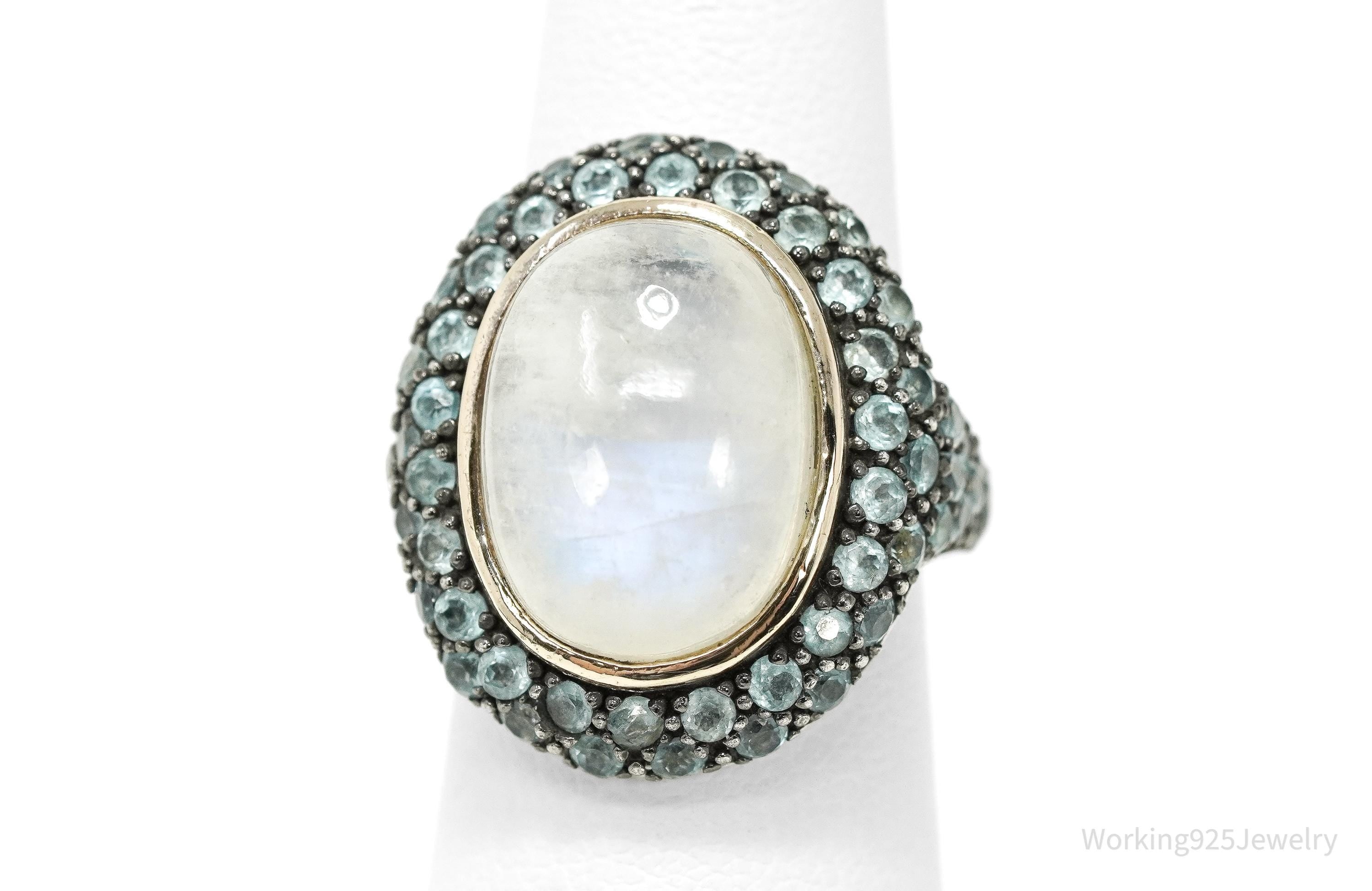 Vintage White Labradorite Moonstone & Blue Topaz 14K Sterling Silver Ring 5.75