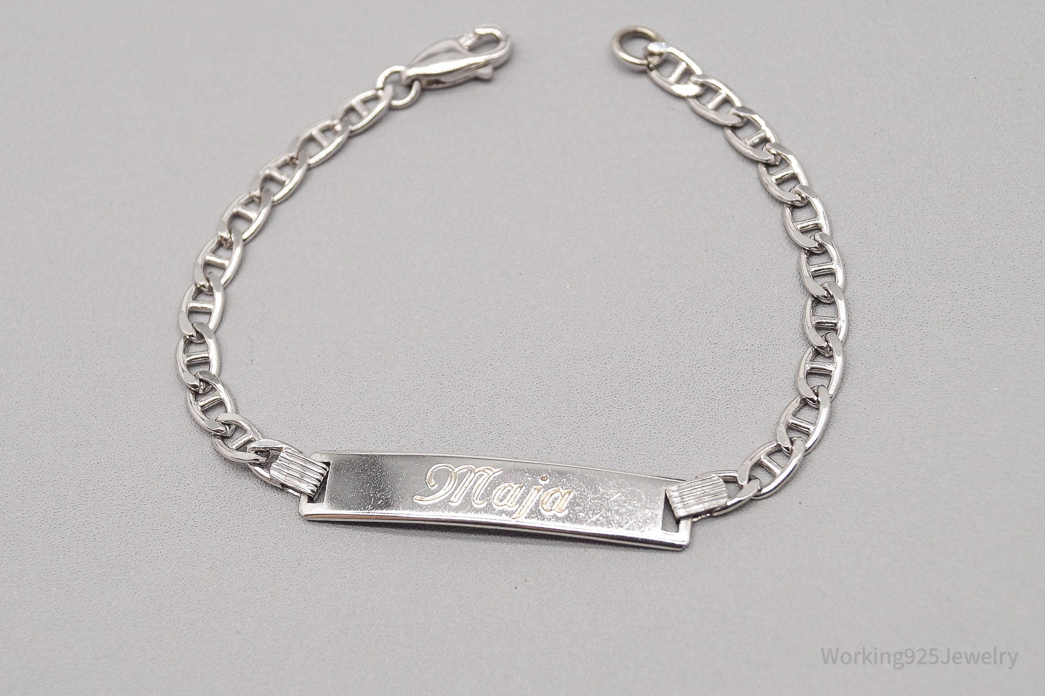 Vintage Mid Century "Maja" Name ID Bar Sterling Silver Bracelet - 6 5/8"