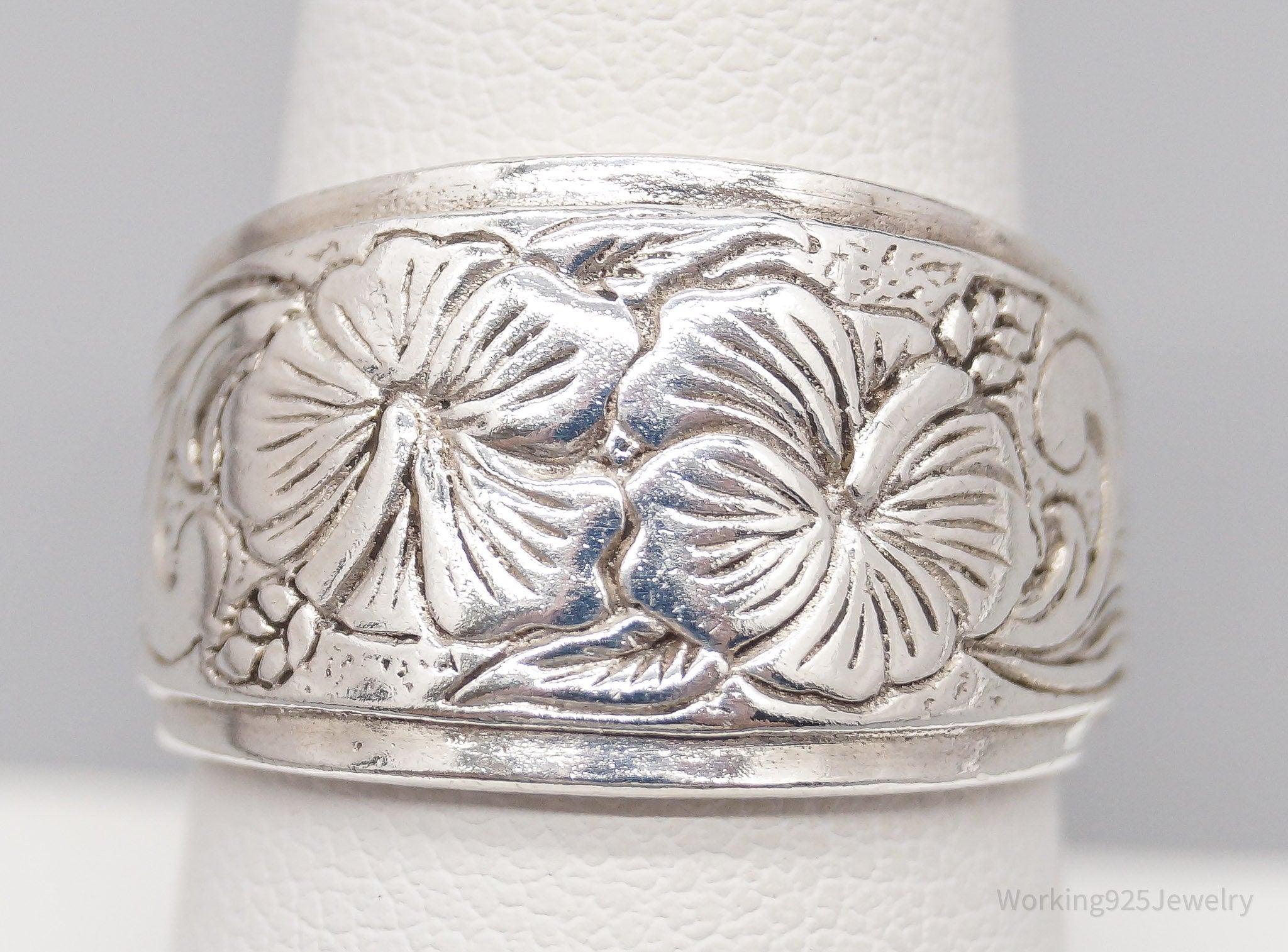 Vintage Art Nouveau Floral Style Sterling Silver Band Ring - Size 9.5