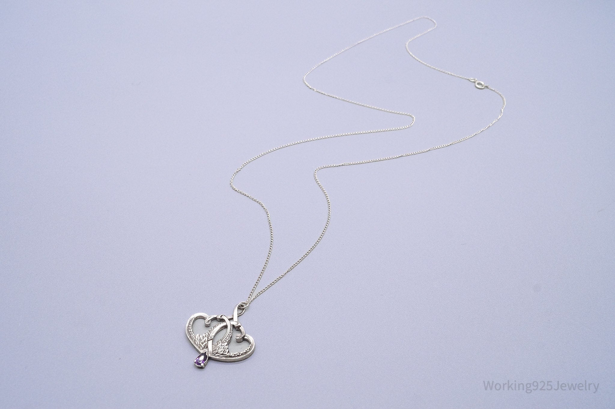 Vintage 1893 GRADH Franklin Mint Double Heart Amethyst Sterling Silver Necklace