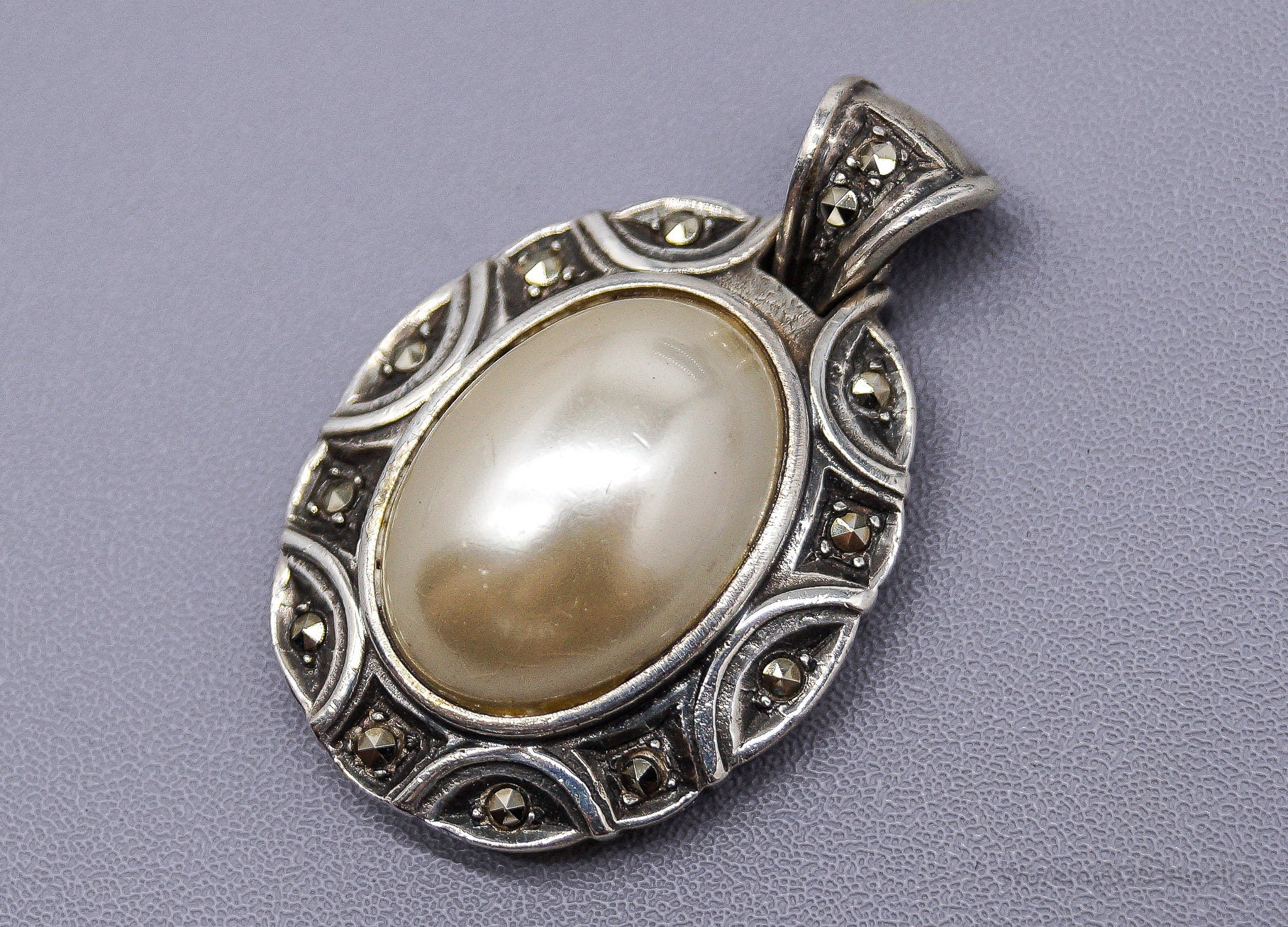 Vintage Faux Pearl Marcasite Sterling Silver Pendant