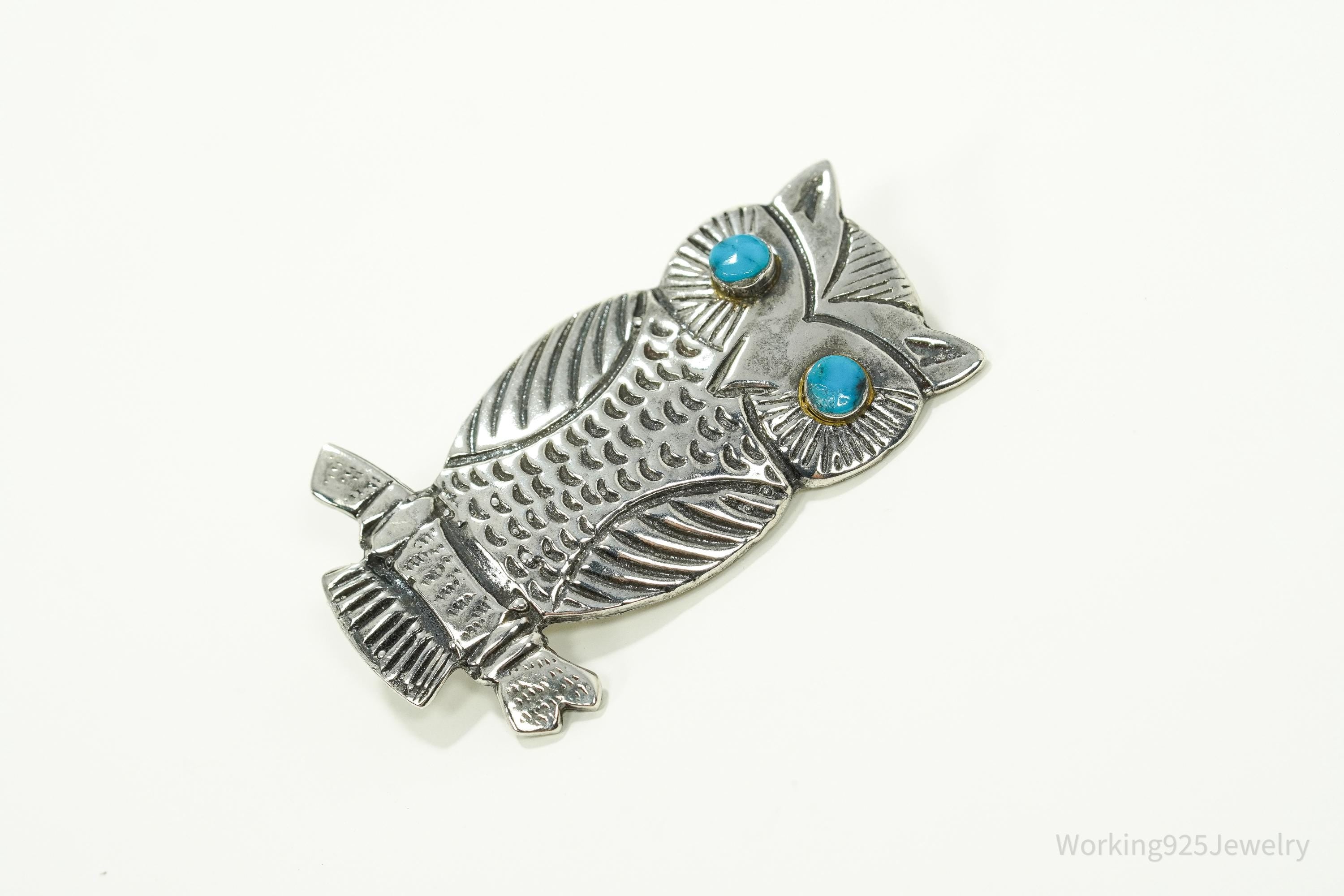 Vintage Turquoise Eyes Owl Silver Pin Brooch