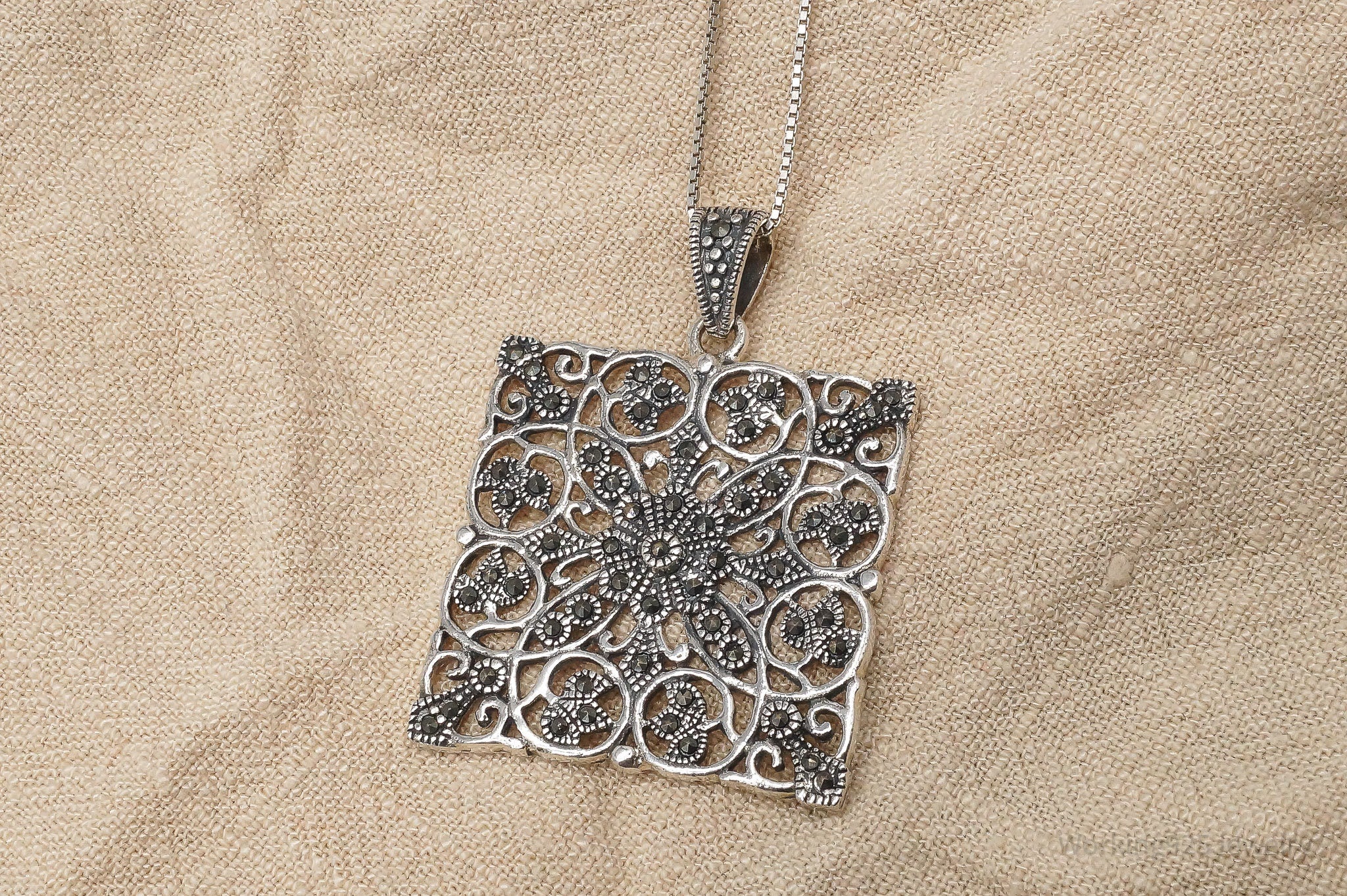 Vintage Ornate Marcasite Sterling Silver Necklace 31"
