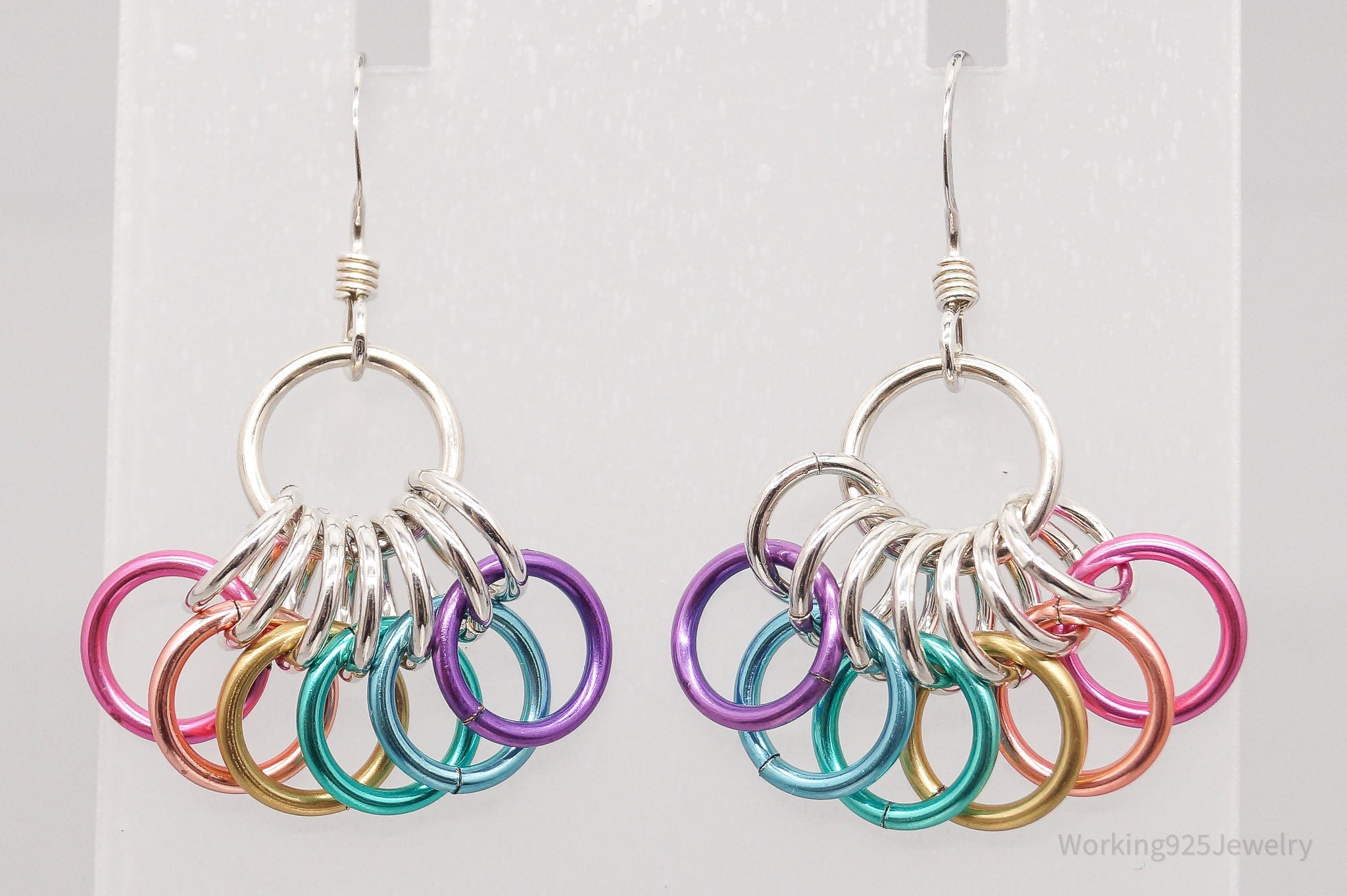 Vintage Rainbow Multi Color Rings Modernist Sterling Silver Earrings