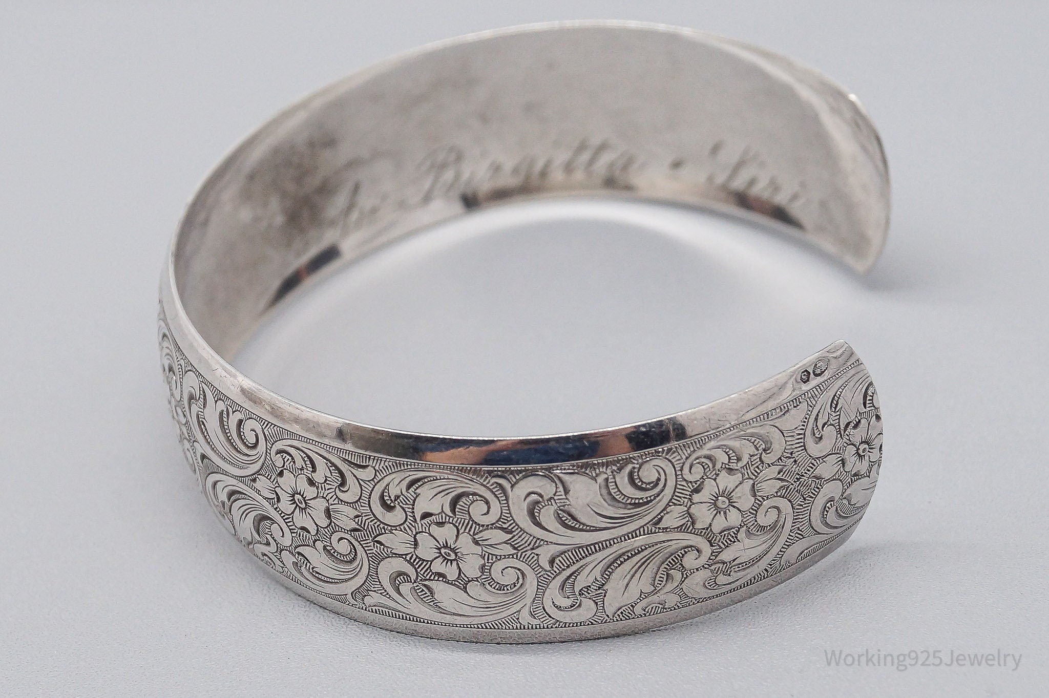 Antique Art Nouveau Floral Etched 835 Silver Cuff Bracelet 7 5/8"