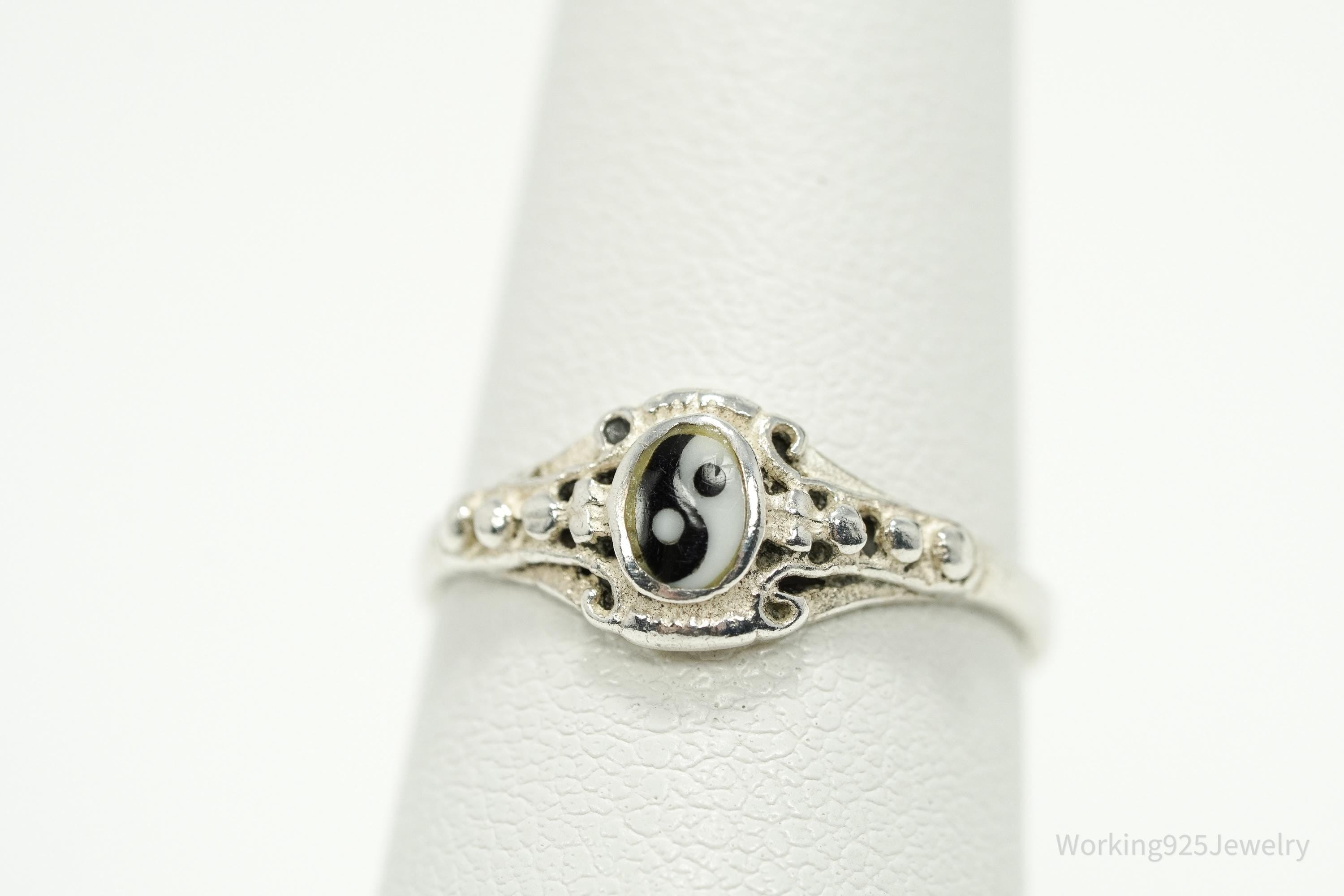 Vintage Yin And Yang Onyx Sterling Silver Ring - Size 6