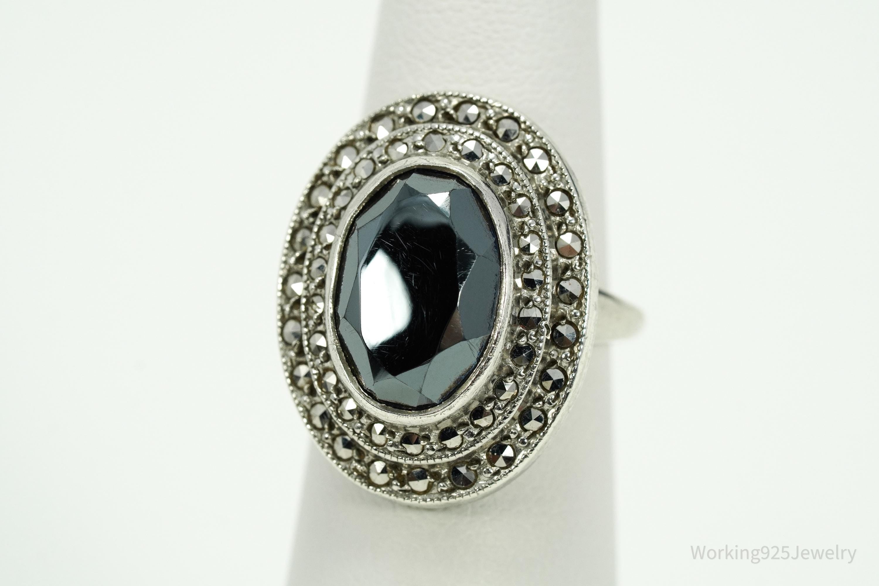 Antique Uncas MFG CO Hematite & Marcasite Sterling Silver Ring Size 6.75