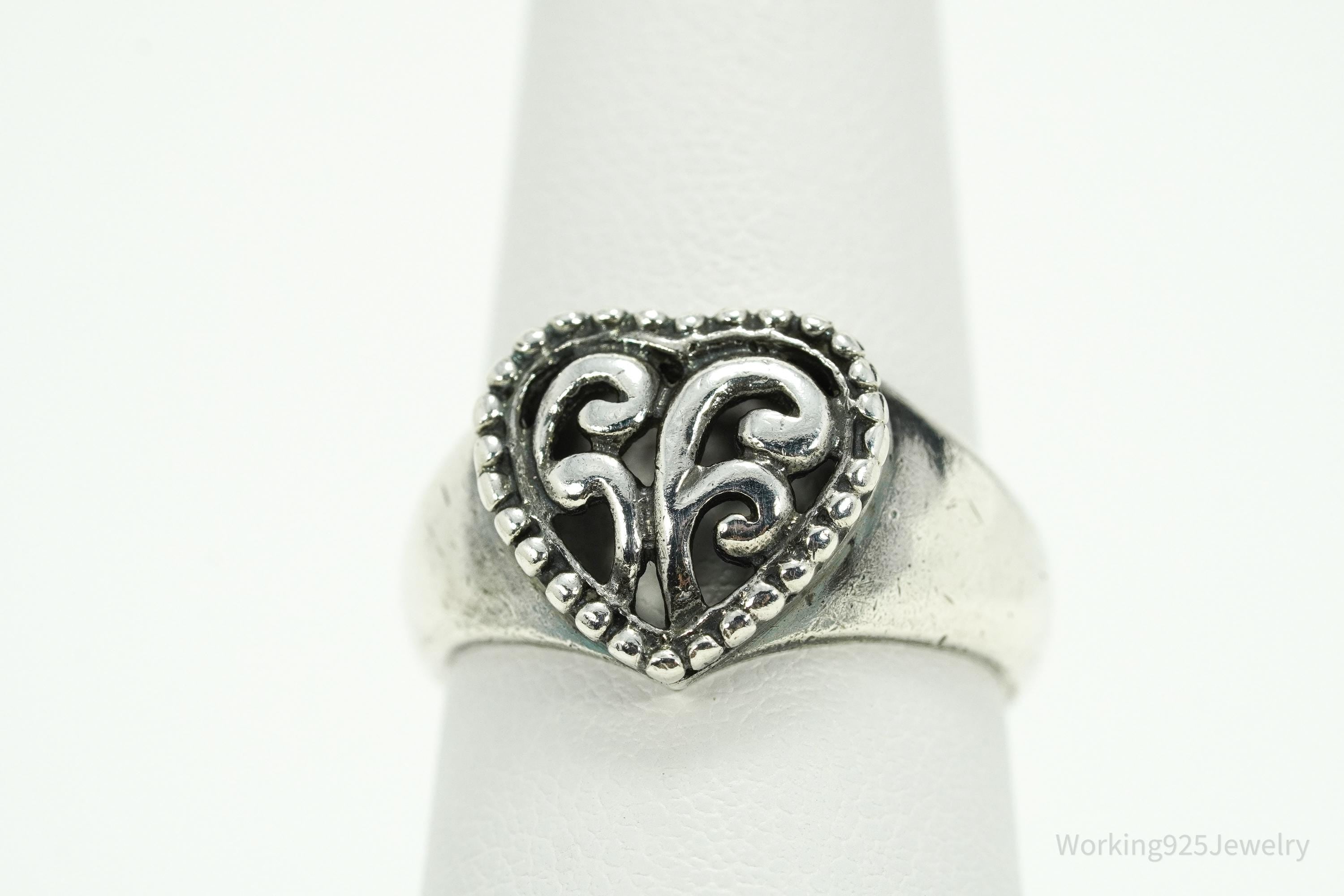 Vintage Scroll Heart Sterling Silver Band Ring - Size 7