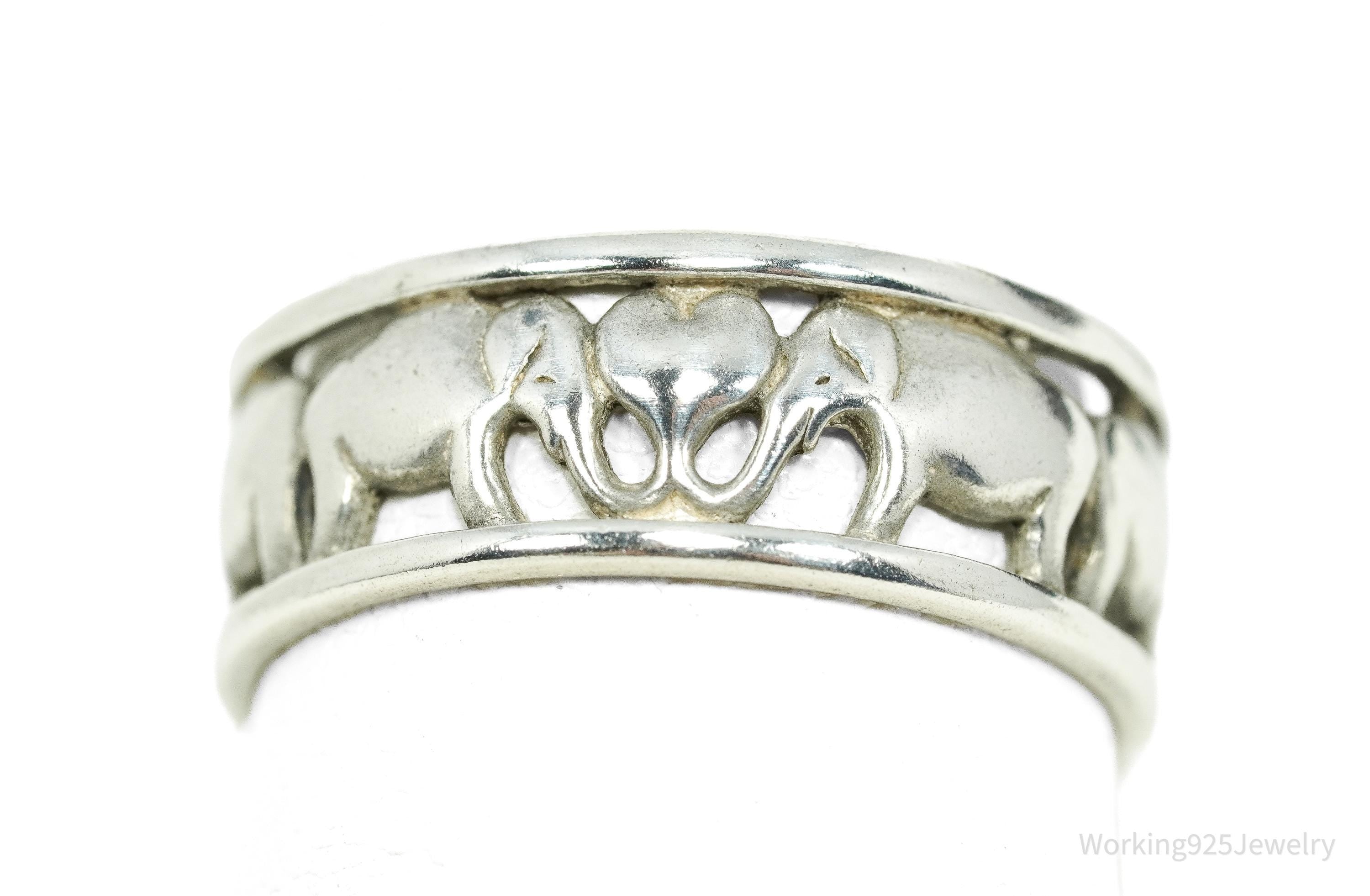Vintage Elephants Sterling Silver Band Ring - Size 6.25