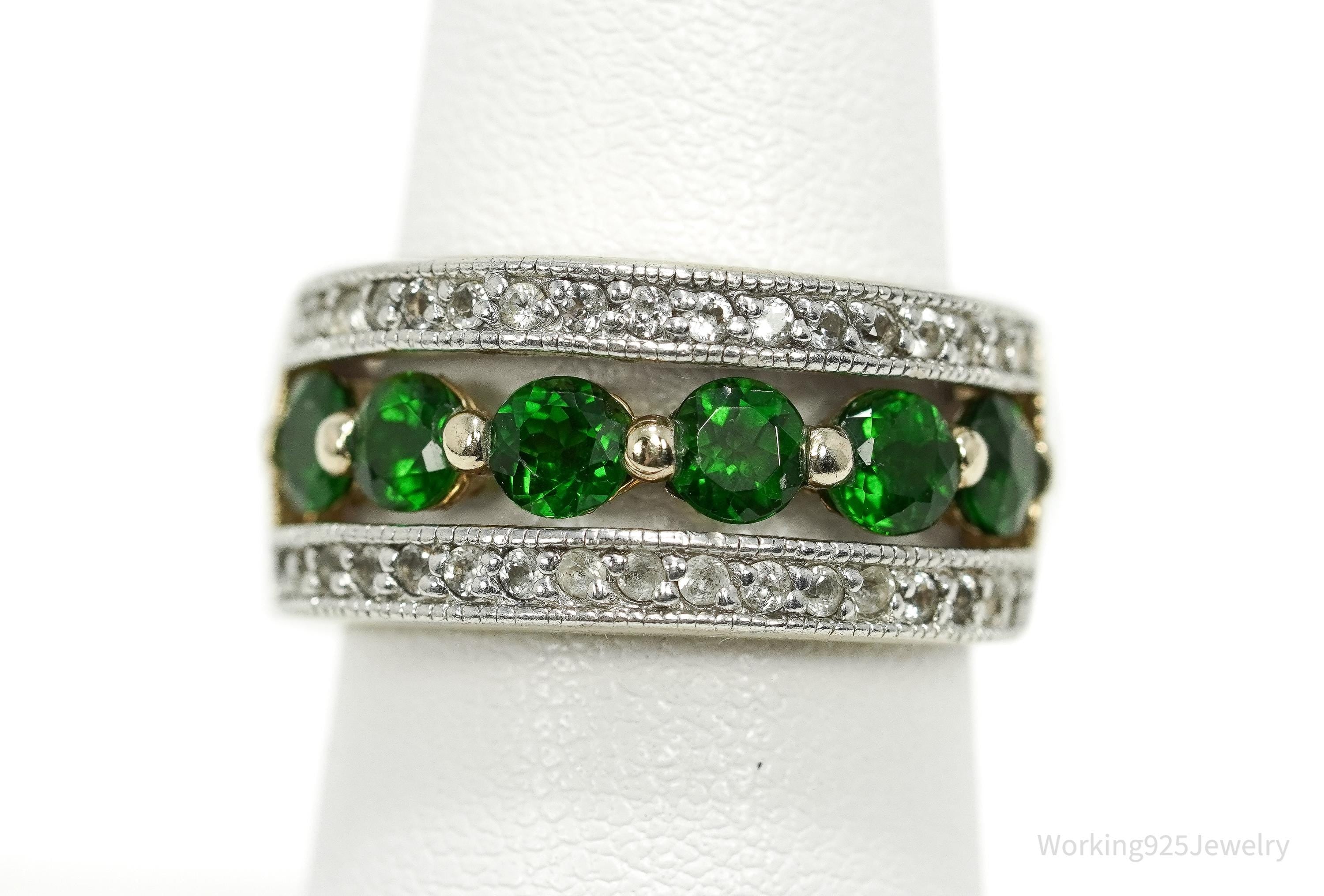 Vintage Green Chrome Diopside & White Topaz Gold Over Sterling Silver Ring - Size 6.75