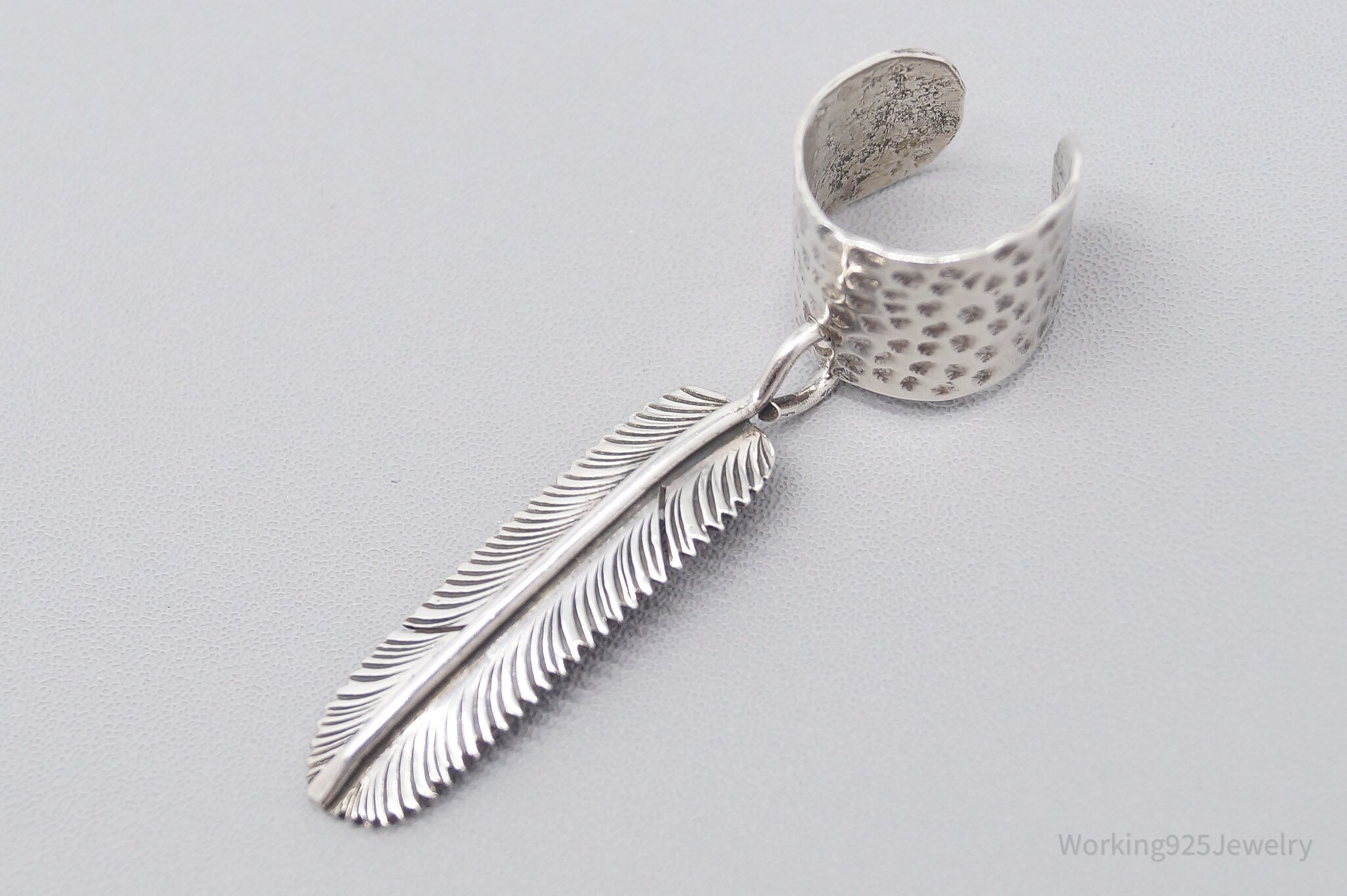 Vintage Feather Western Hammered Style Silver Ear Cuff