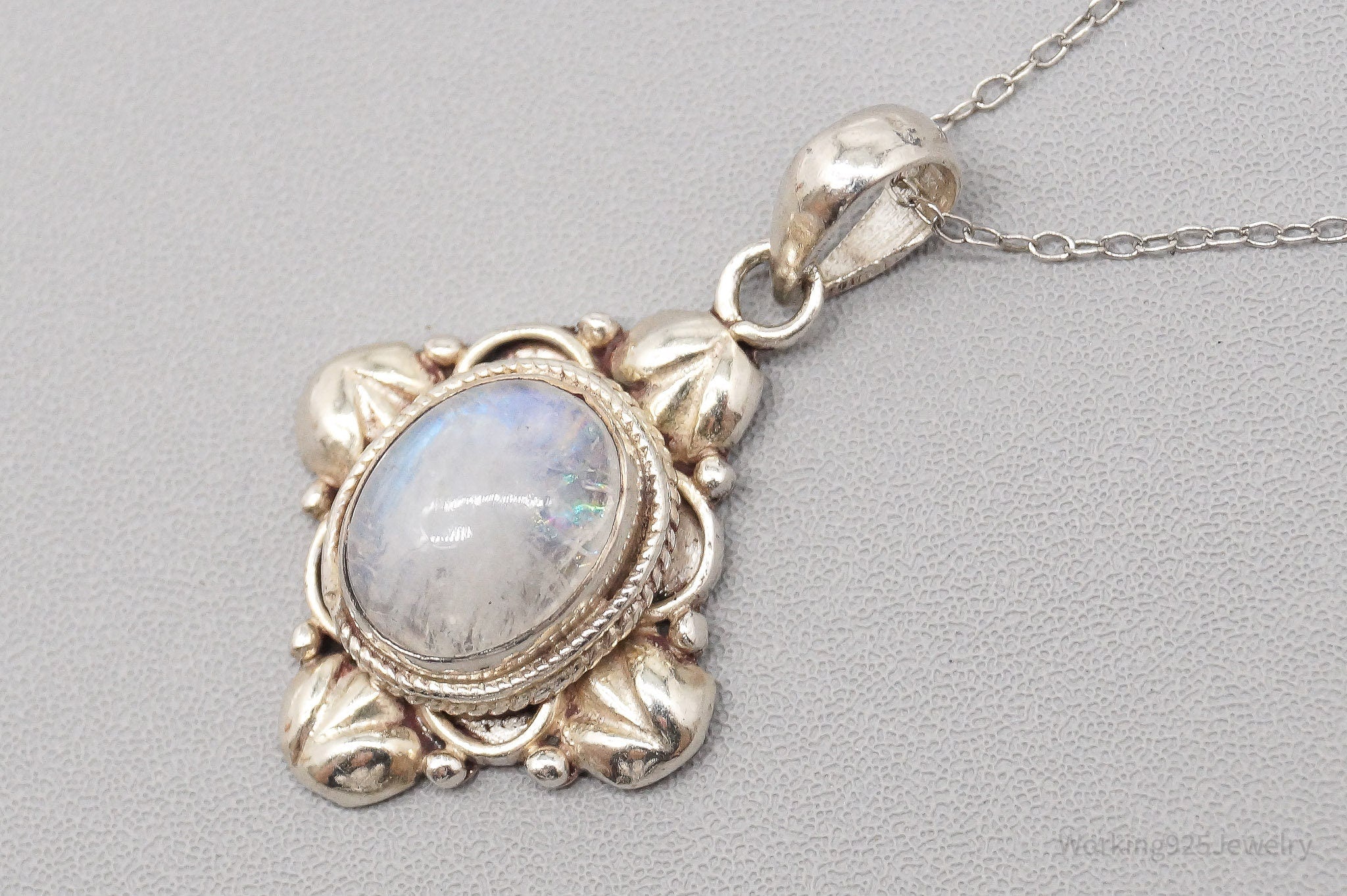 Vintage Moonstone Ornate Sterling Silver Necklace - 20"