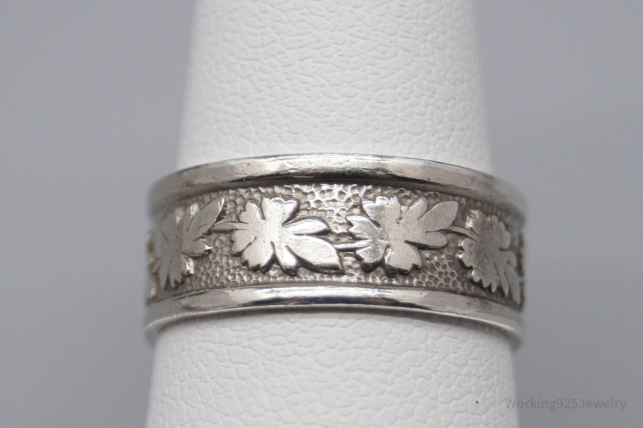 Vintage ESPO Leaves Pattern Sterling Silver Band Ring - Size 7.25