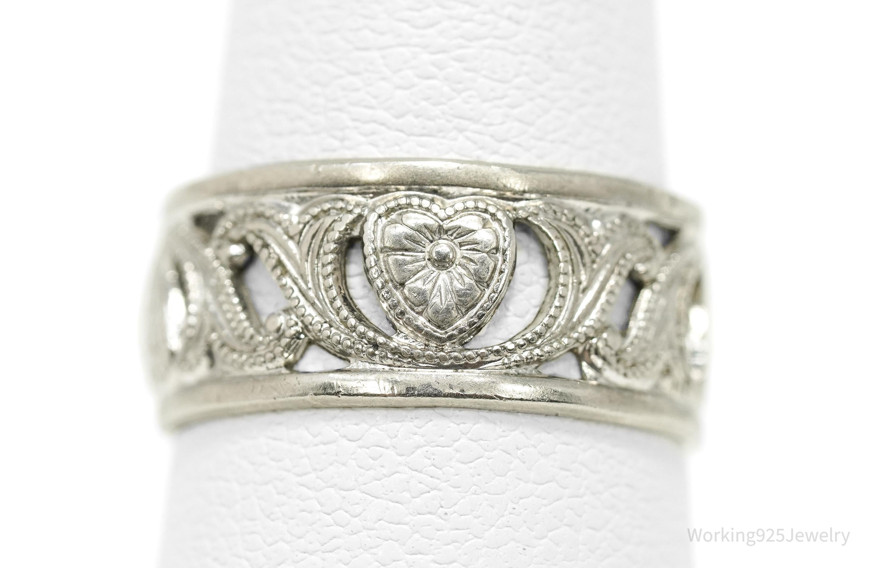 Antique Floral Hearts Patter Sterling Silver Band Ring - Size 5.25
