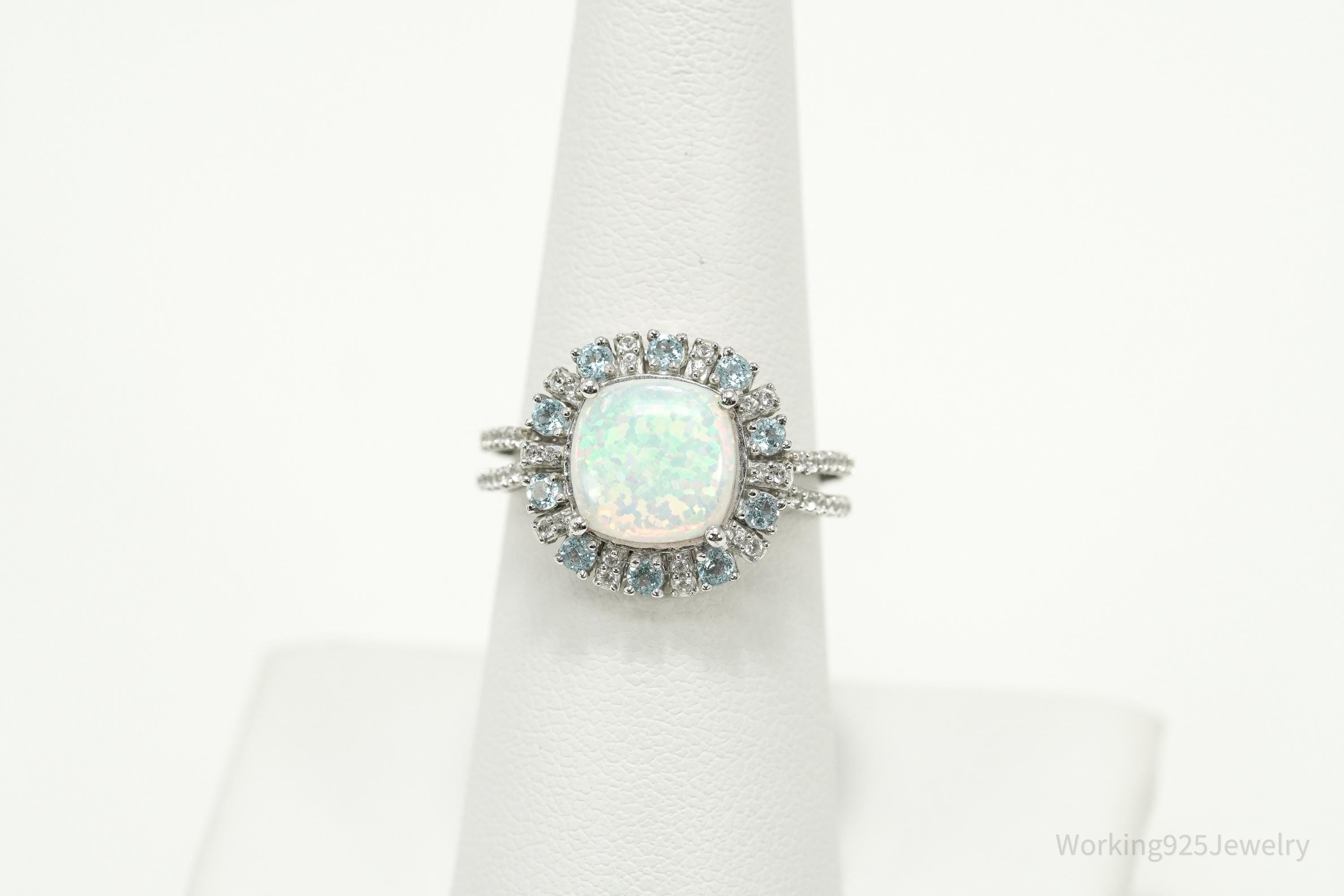 Vintage JWBR Sterling Silver Ring • Opal, Blue Topaz & CZ Cluster Size 7