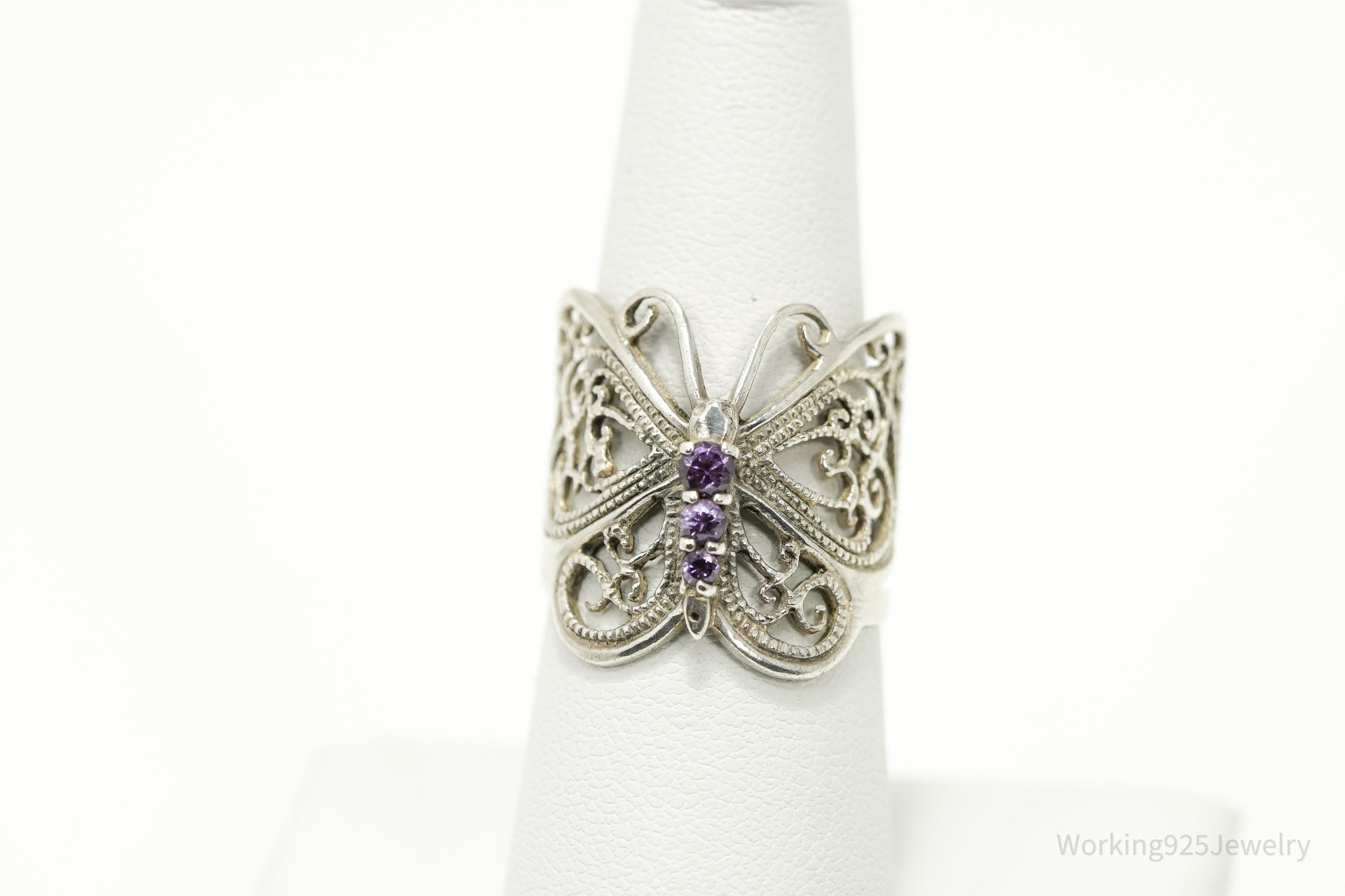 Vintage Amethyst Butterfly Sterling Silver Ring - Size 7.75