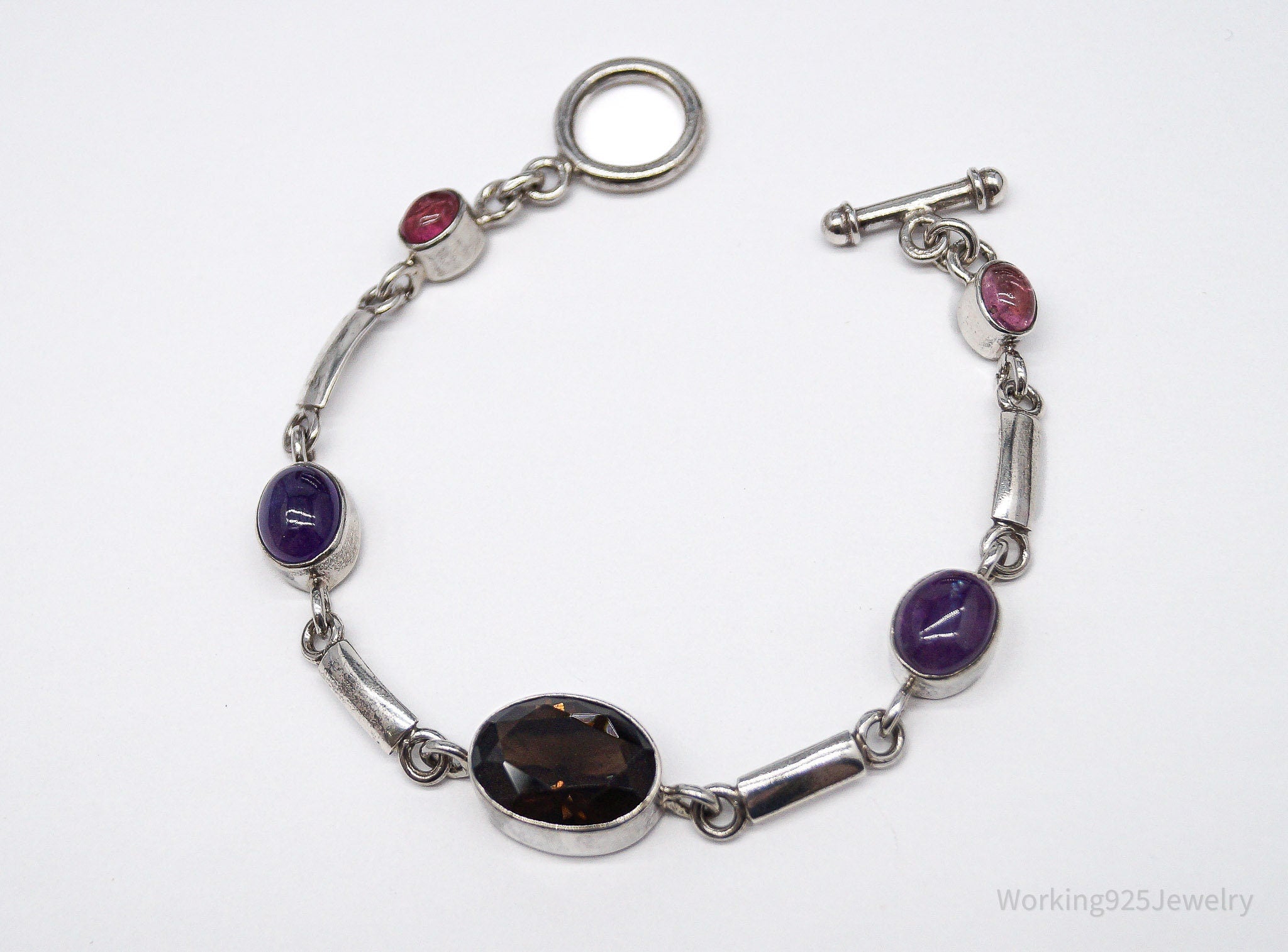 Vintage Smoky Topaz Amethyst & Pink Stone Sterling Silver Toggle Bracelet 7 5/8"