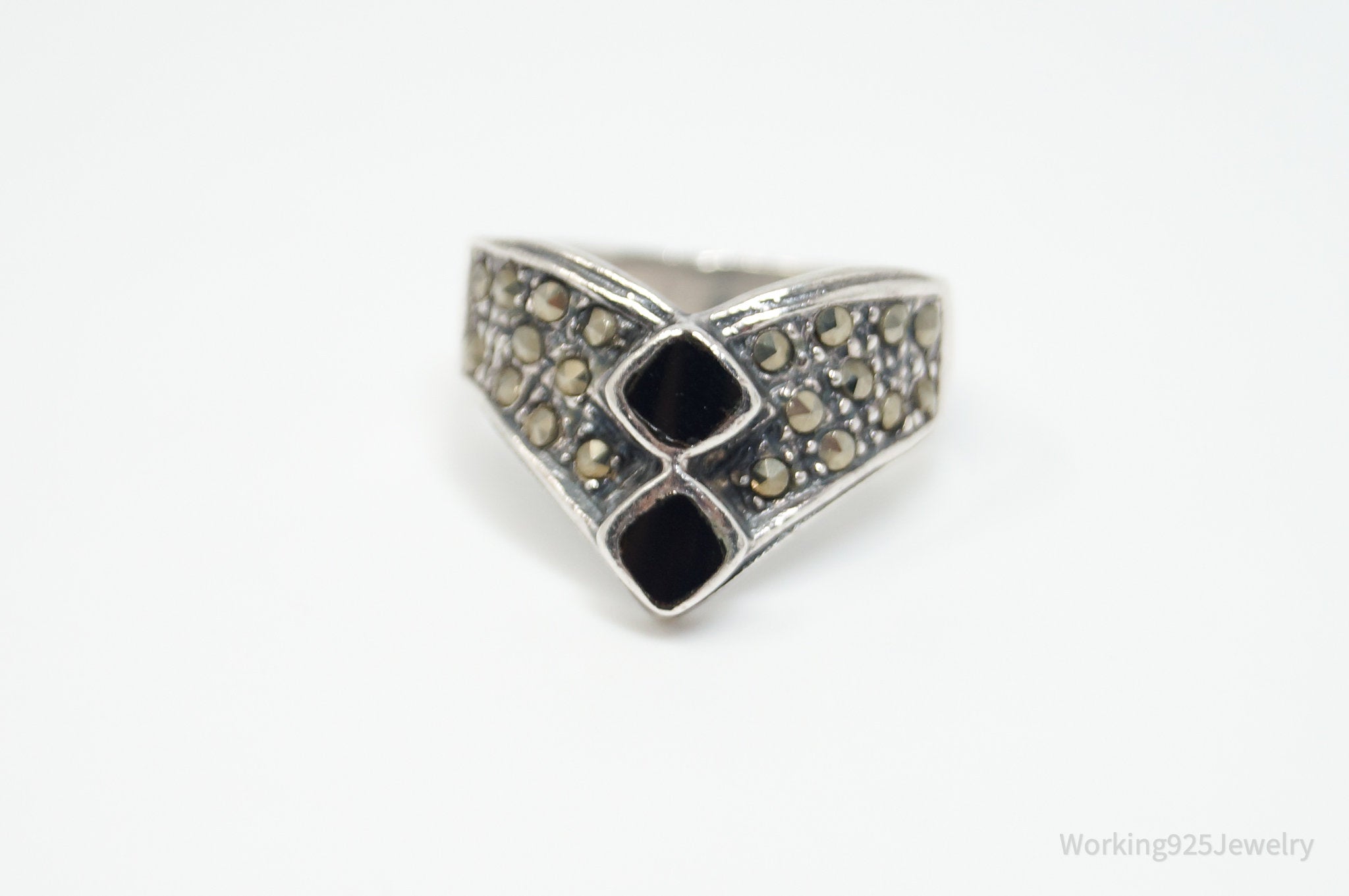 Vtg Art Deco Style Marcasite Black Onyx Ring Sterling Silver - Sz 6.75