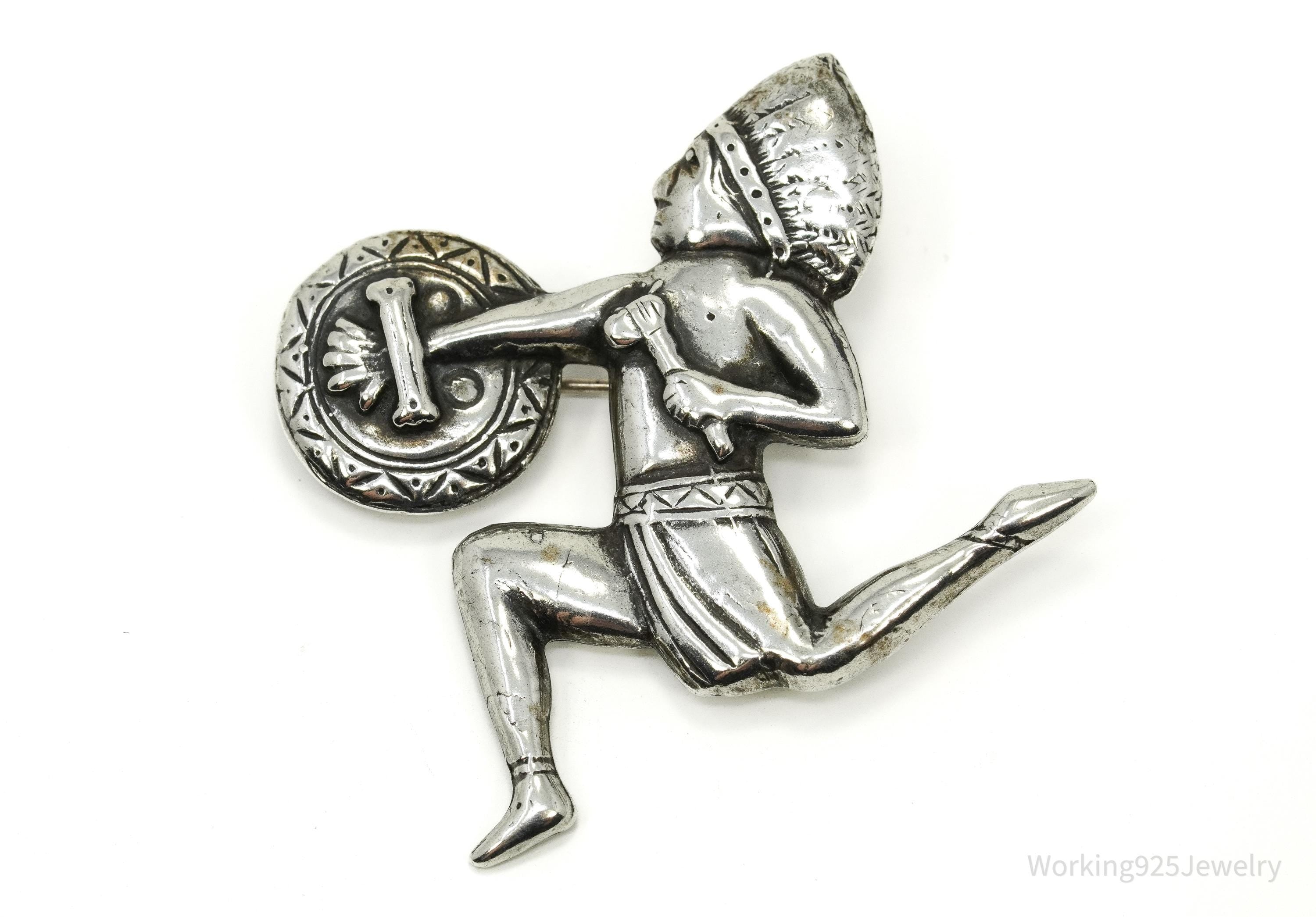 Vintage Native American Warrior Unsigned Silver Brooch Pin