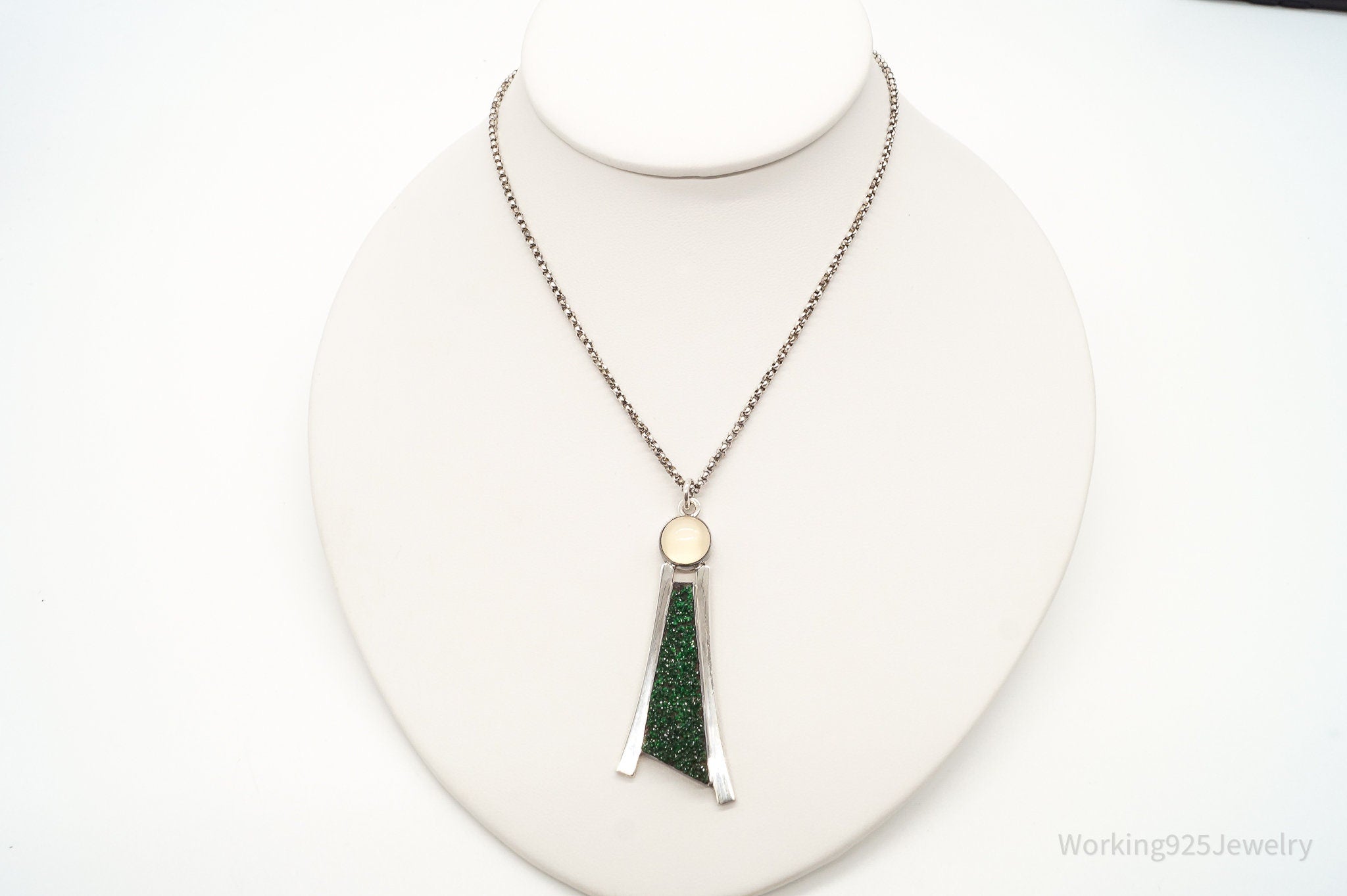 Vintage Moonstone Green Druzy Quartz Modernist Sterling Silver Necklace