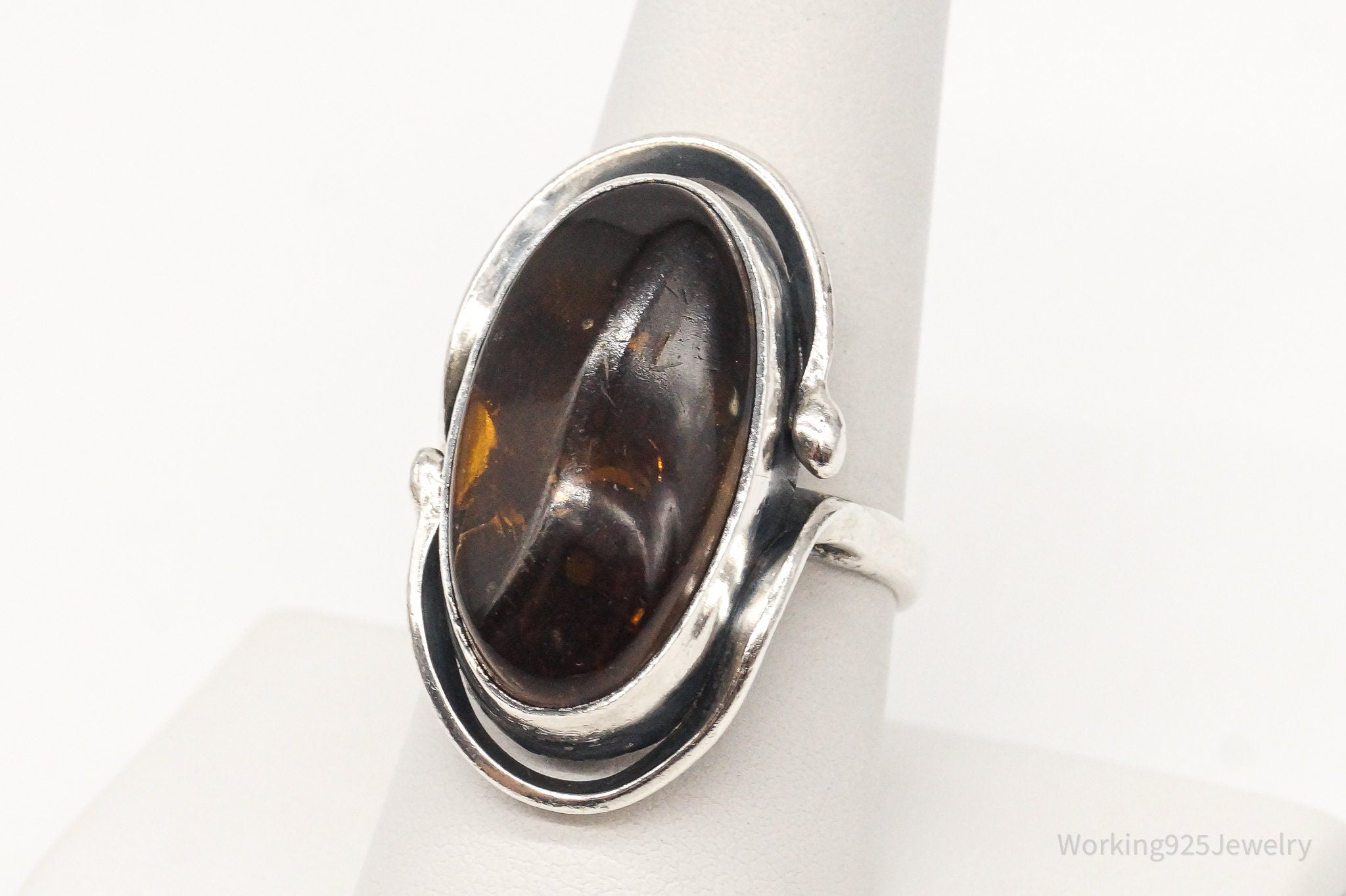 Vintage Polish Amber Modernist Sterling Silver Ring - Size 8.25