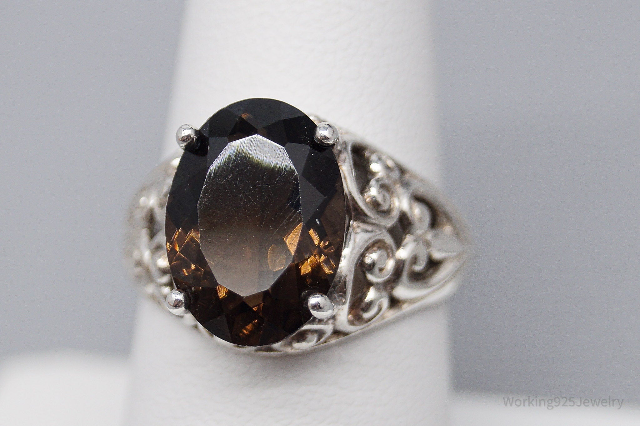 Vintage Large Smoky Topaz Sterling Silver Ring - Size 7.75
