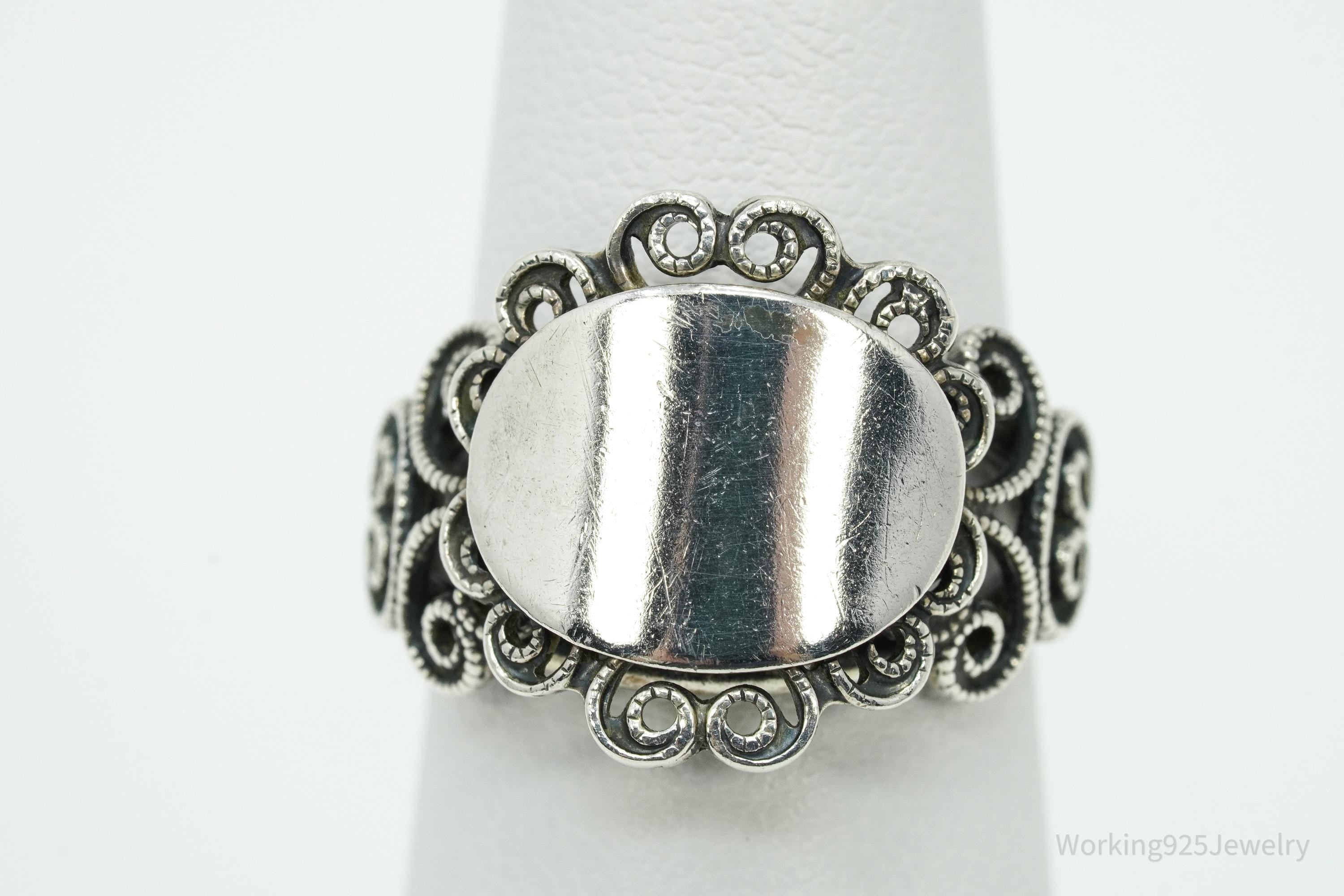 Vintage Designer Beau Filigree Sterling Silver Ring - Adjustable Size 6.25
