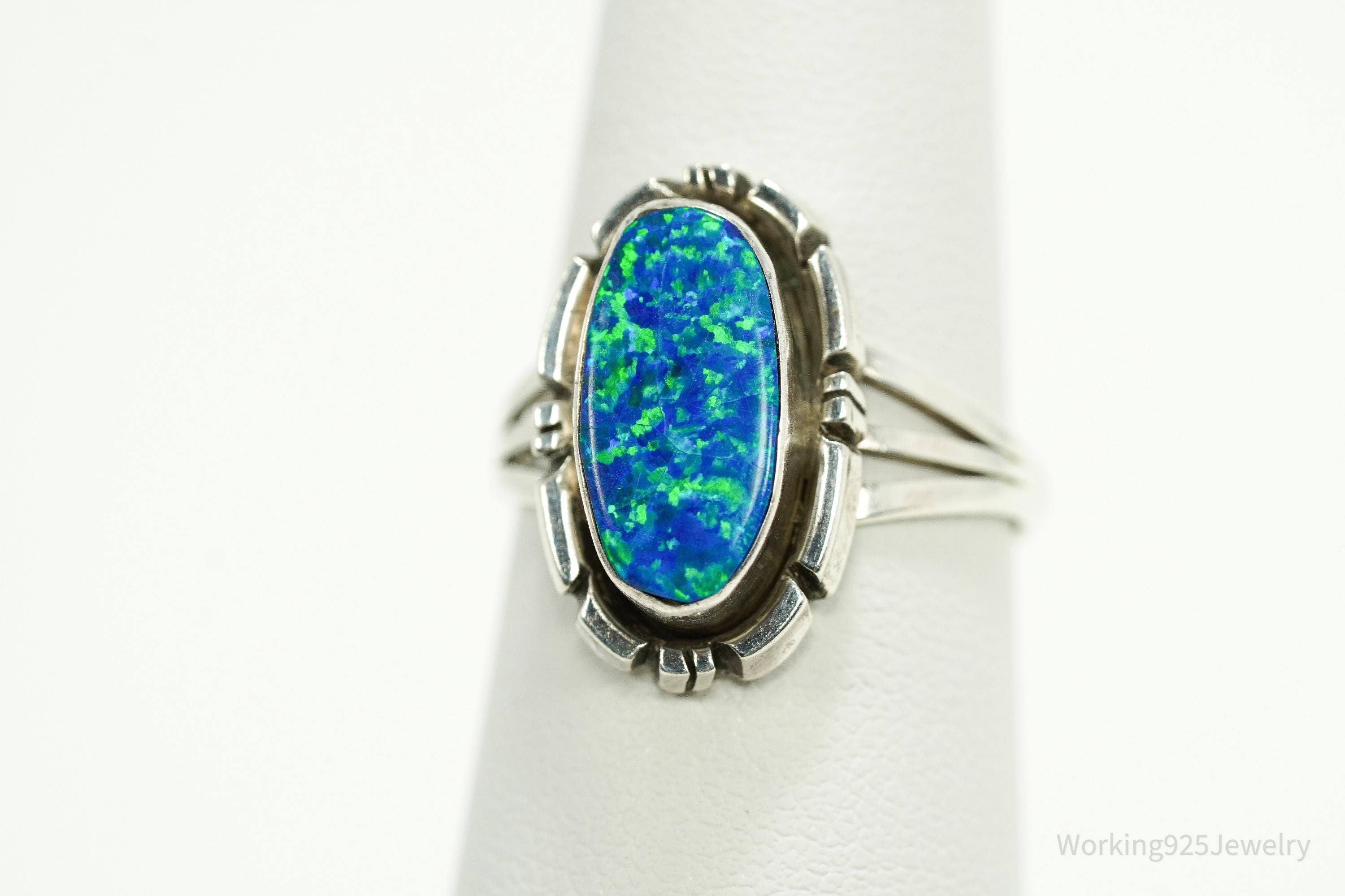 Vintage Handmade Native American Jerry Cowboy Opal Sterling Silver Ring SZ 7