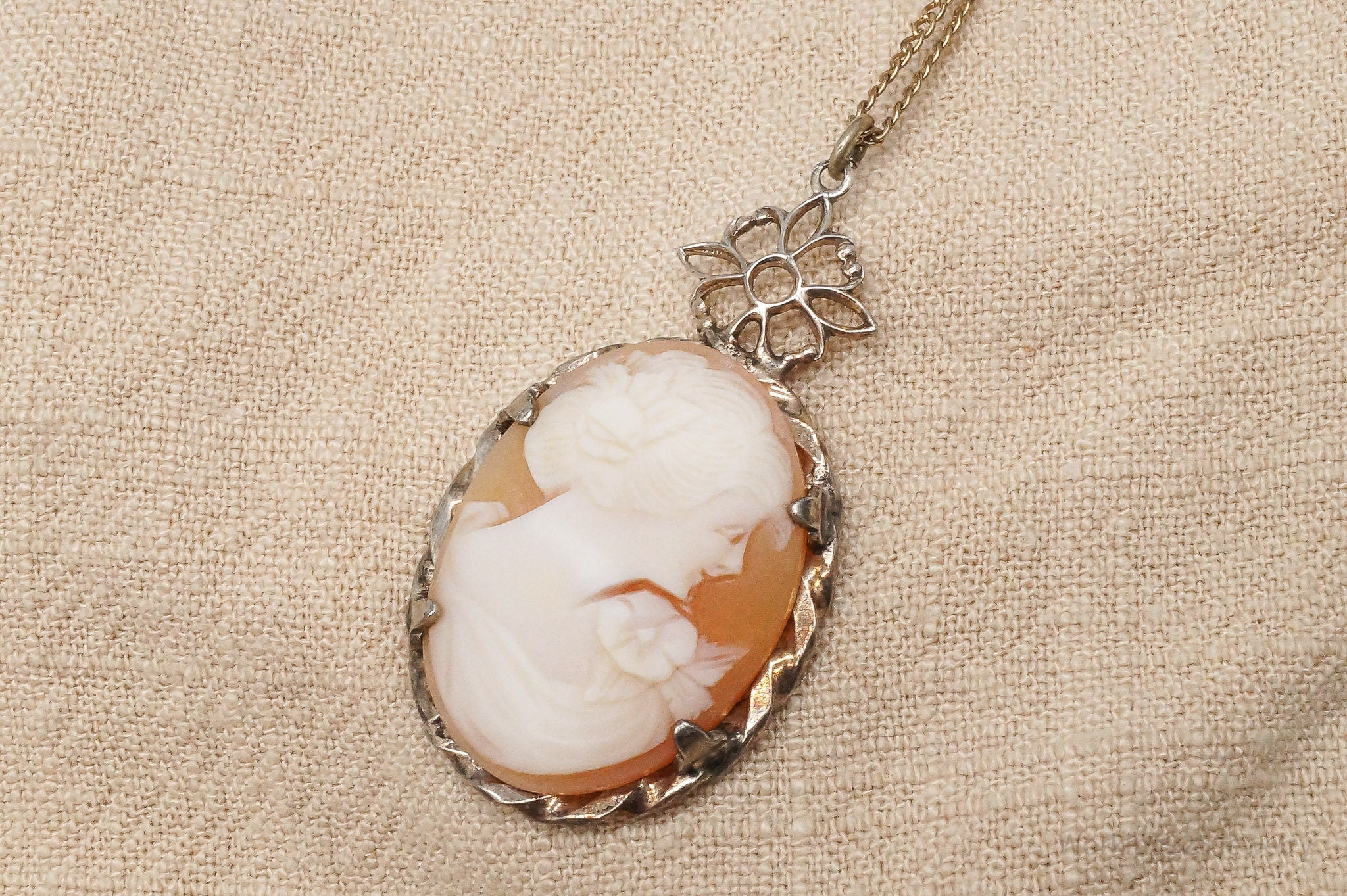 Antique Victorian Ostby Barton Shell Cameo Titanic 12K GF Sterling Silver Necklace 16"
