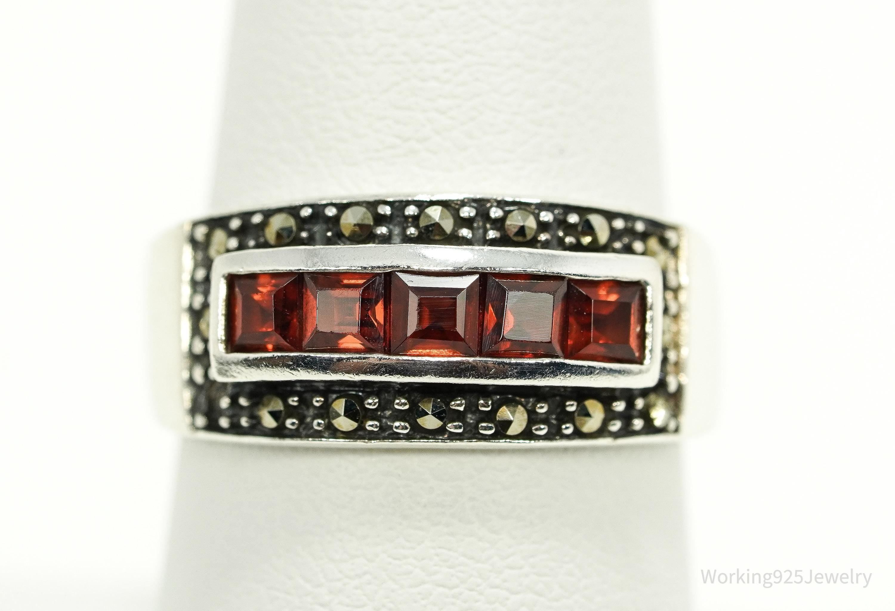 Vintage Garnet & Marcasite Sterling Silver Ring Size 8