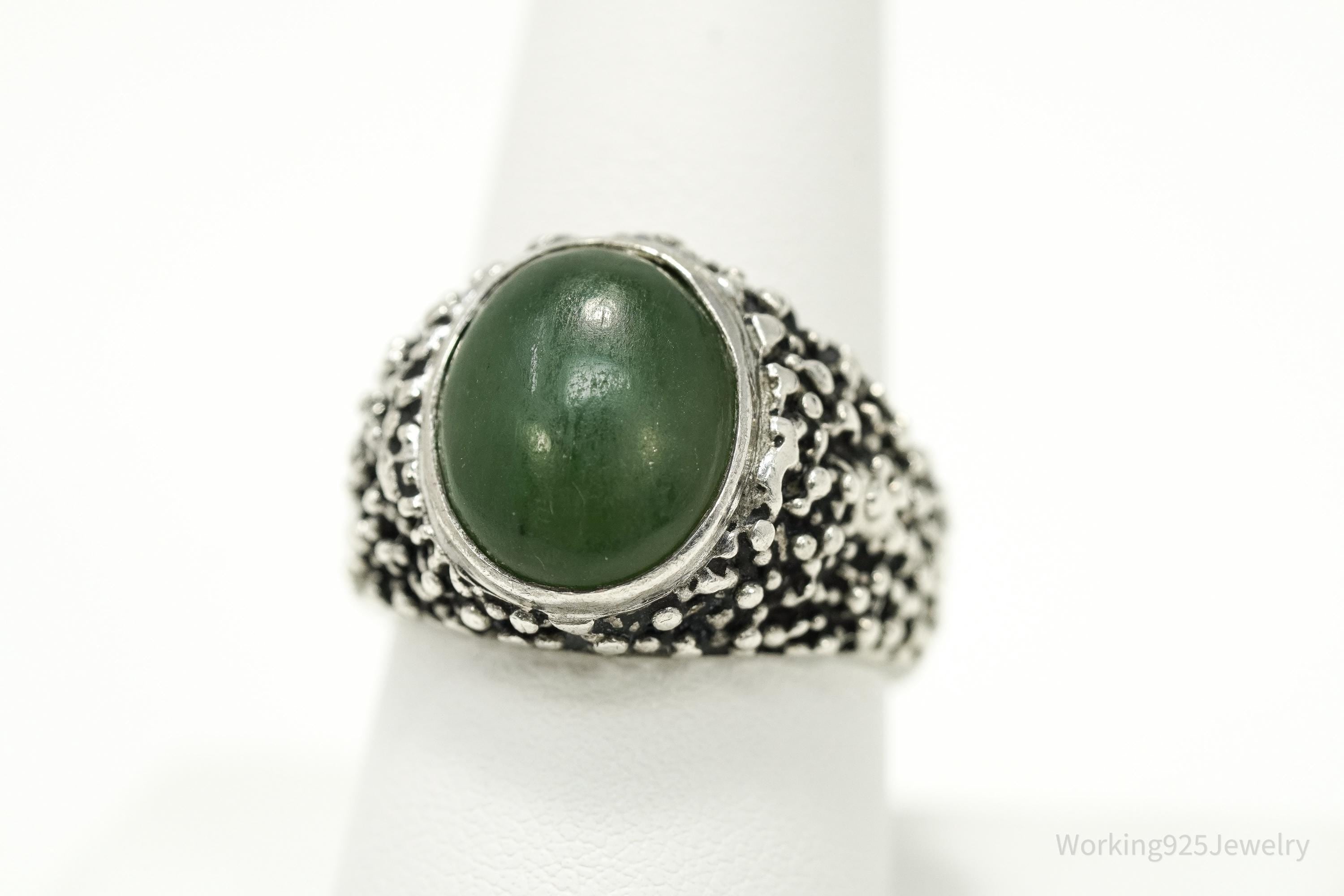 Vintage Jade Brutalist Style Sterling Silver Ring - Size 9.25