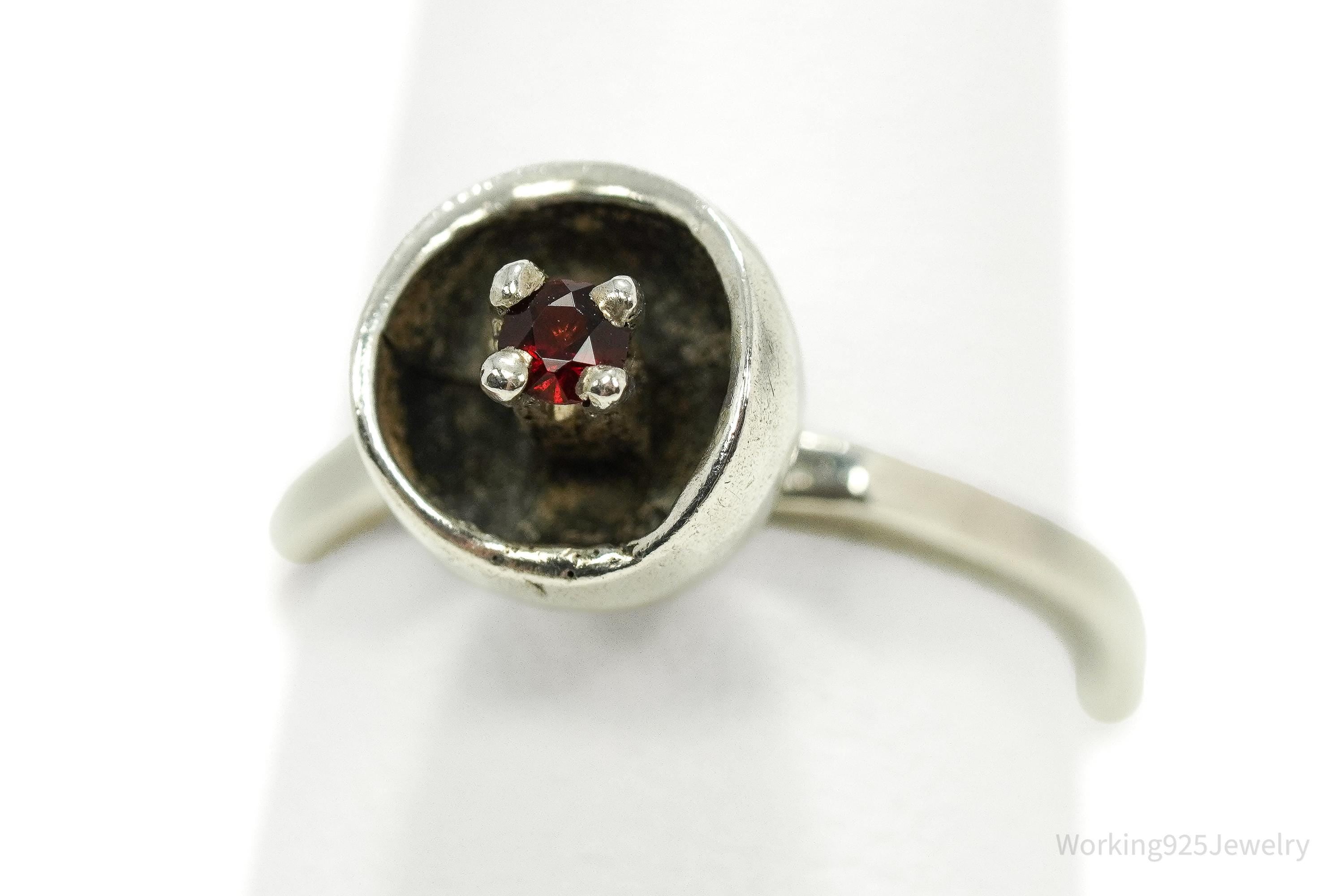 RARE Vintage Mid Century Modernist OPUS Garnet Sterling Silver Ring - Size 6