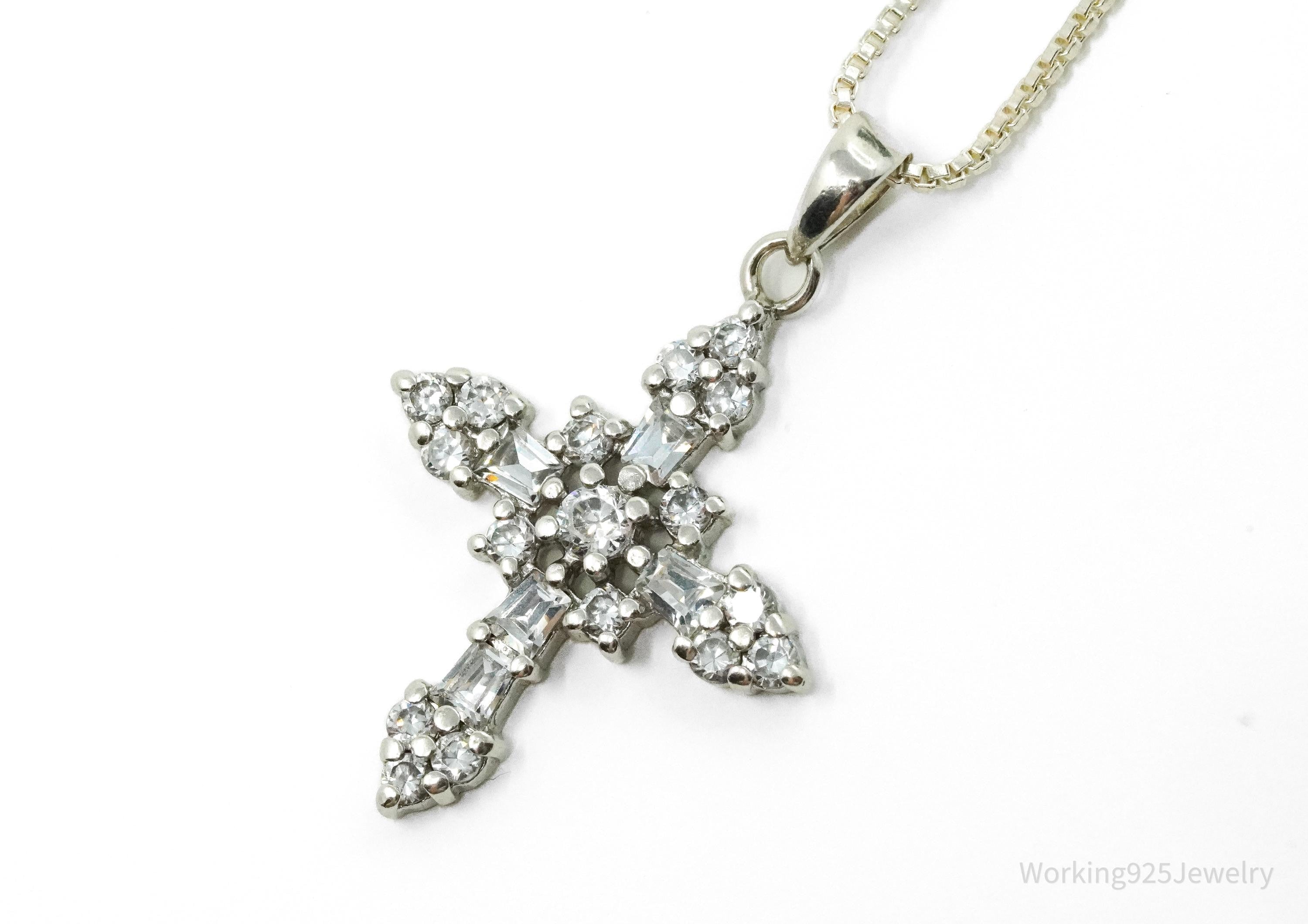 Vintage Cubic Zirconia Cross Sterling Silver Necklace 18"