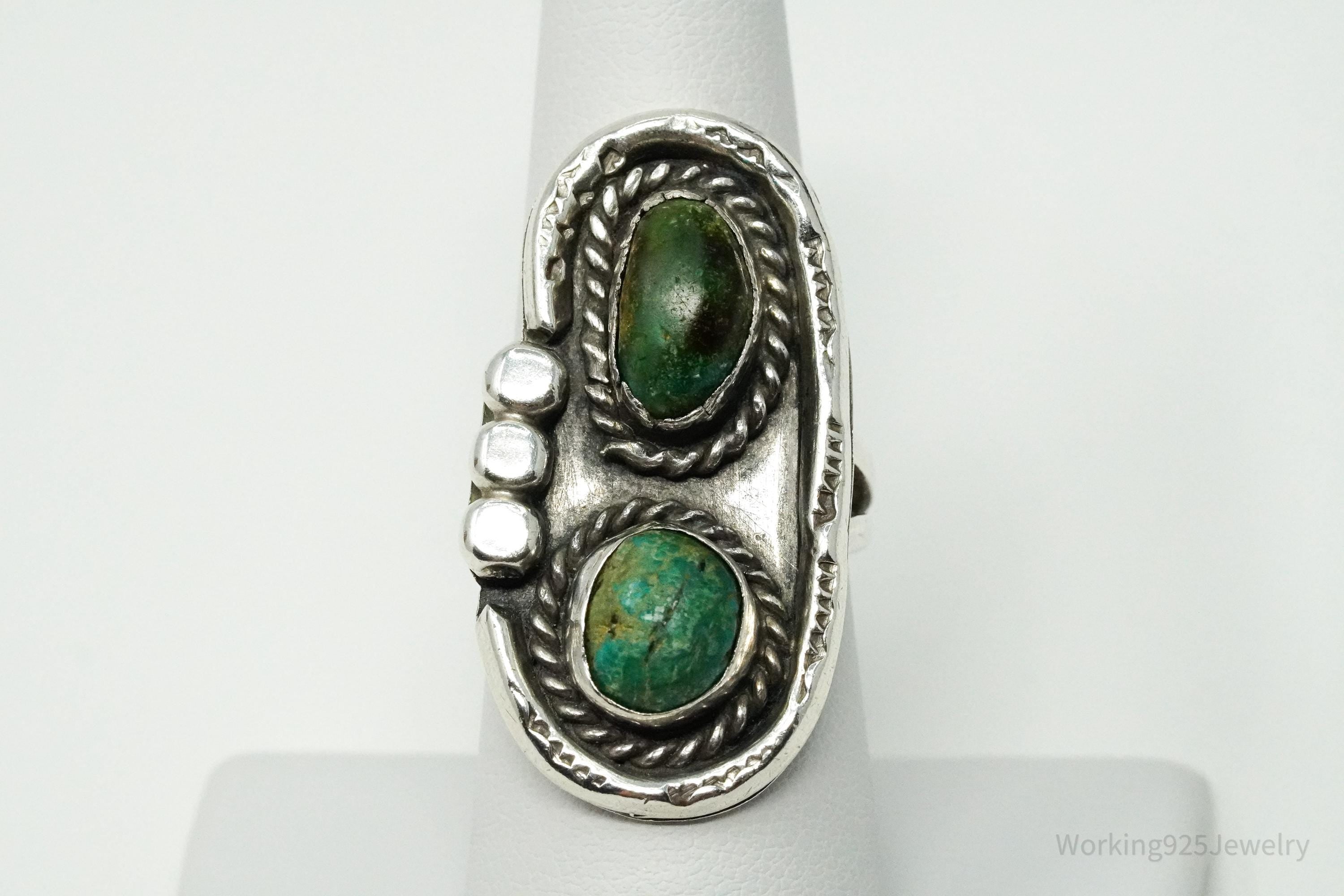 Vintage Handmade Native American Turquoise Unsigned Silver Ring - Size 7.75