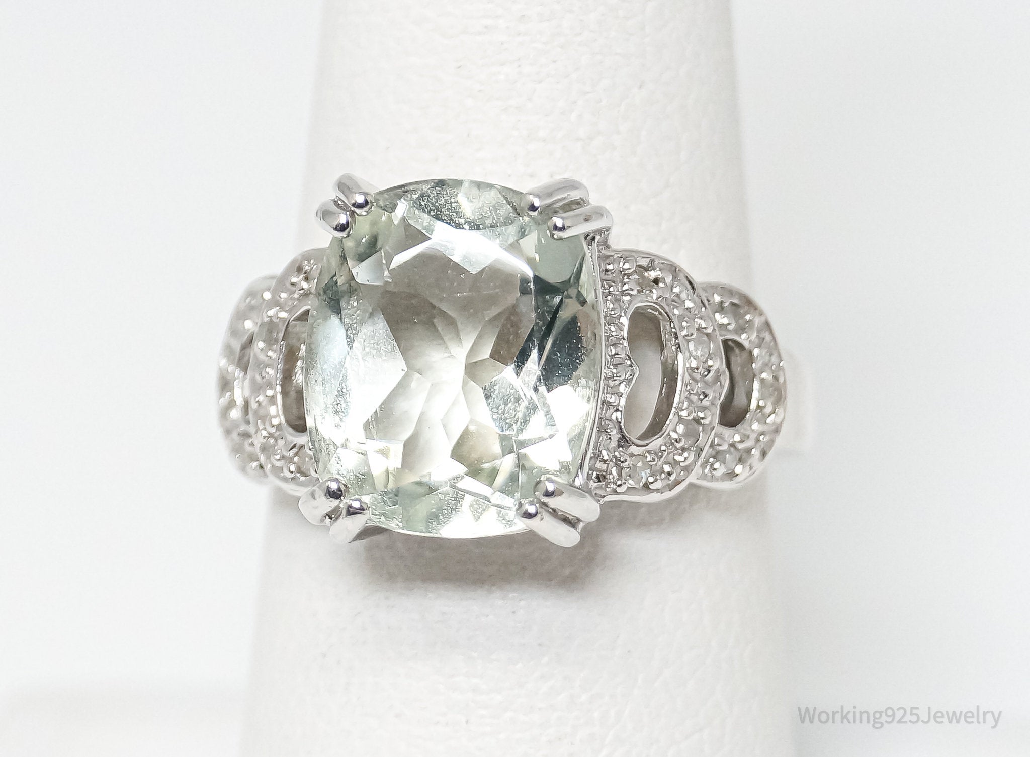 Vintage Pale Peridot Diamond Art Deco Sterling Silver Ring - Size 7