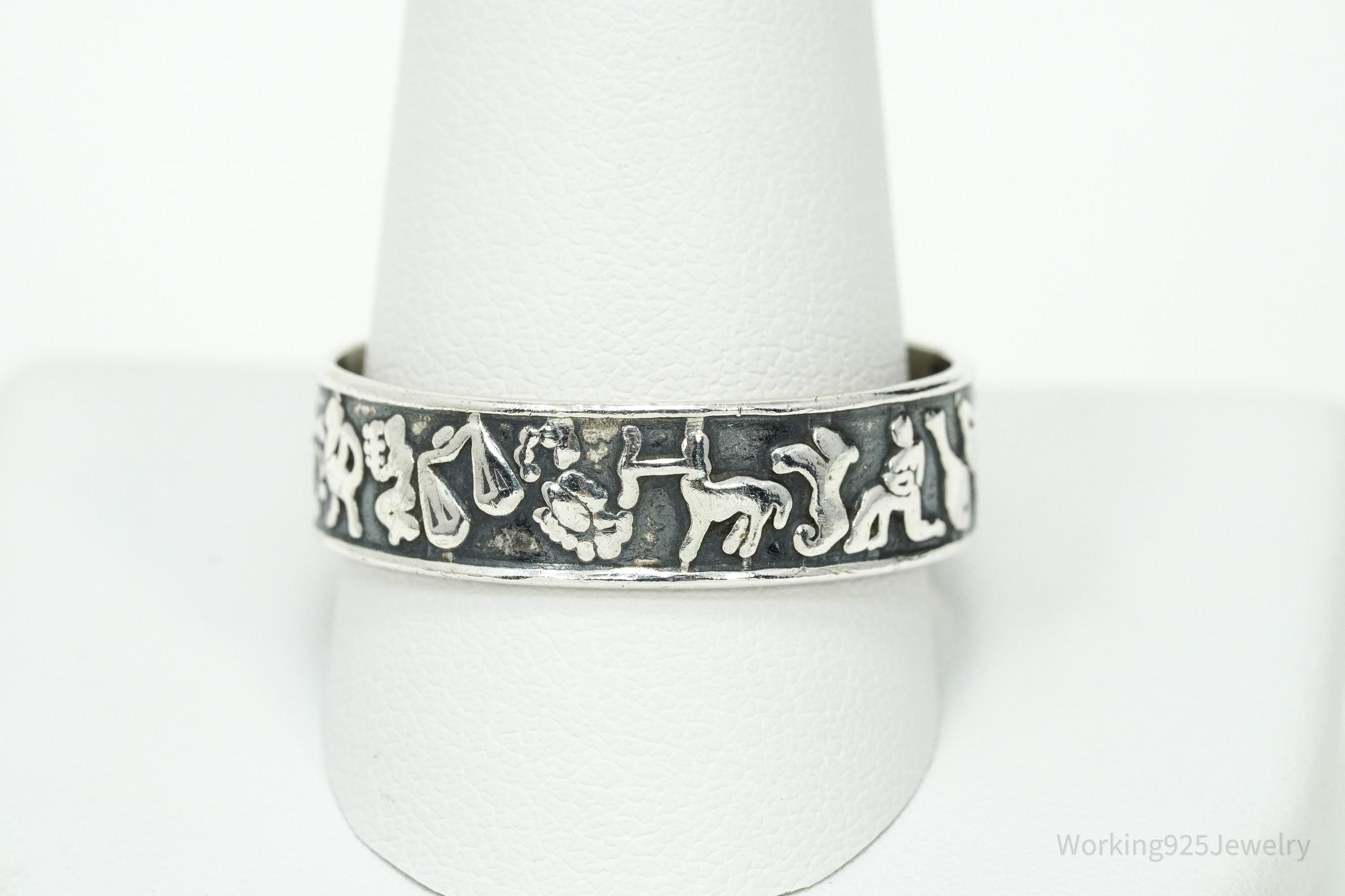 Vintage Astrology Signs Sterling Silver Band Ring - Size 13.5