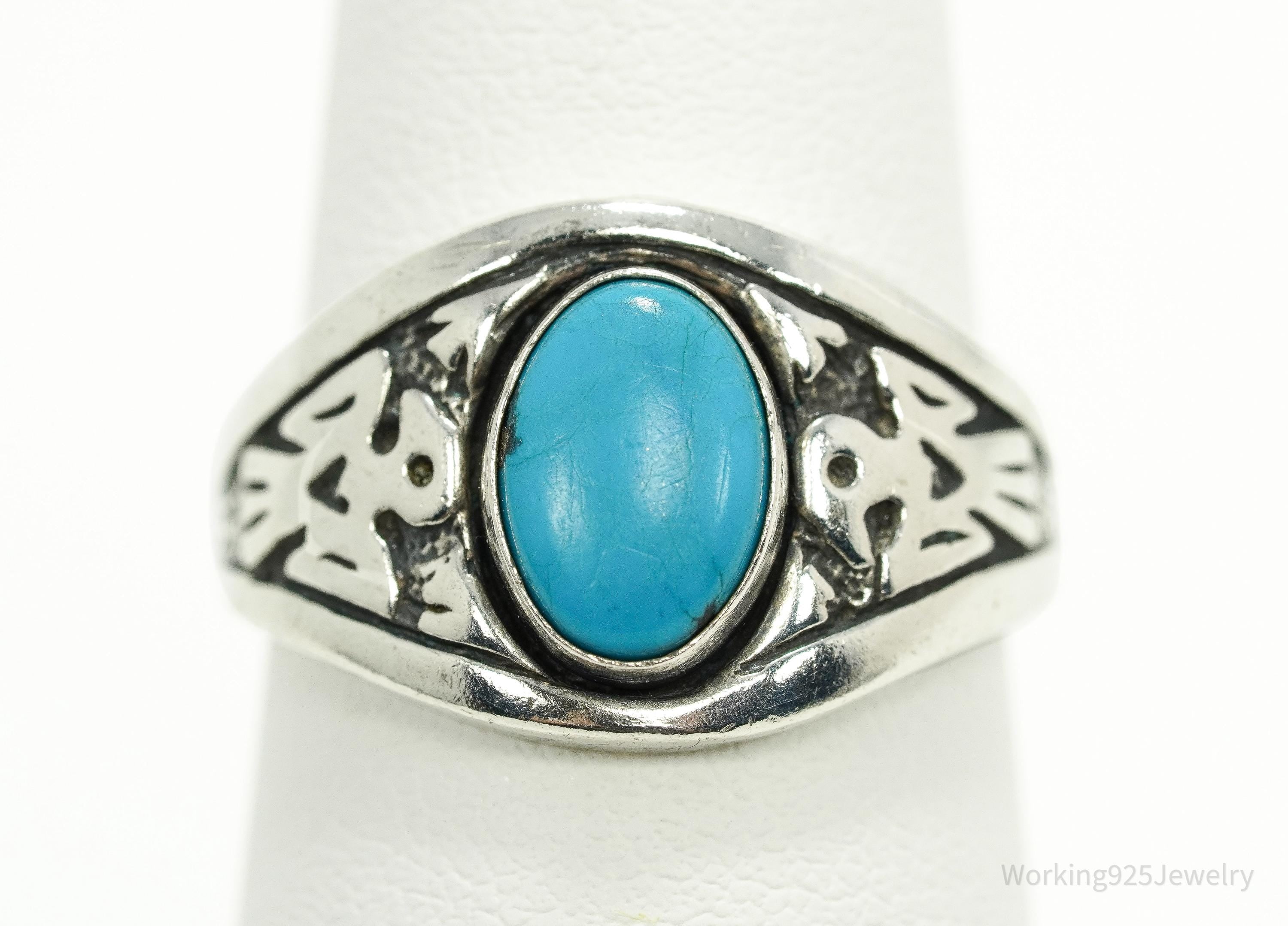 Vintage WMCO Turquoise ThunderBird Design Sterling Silver Ring - Size 8