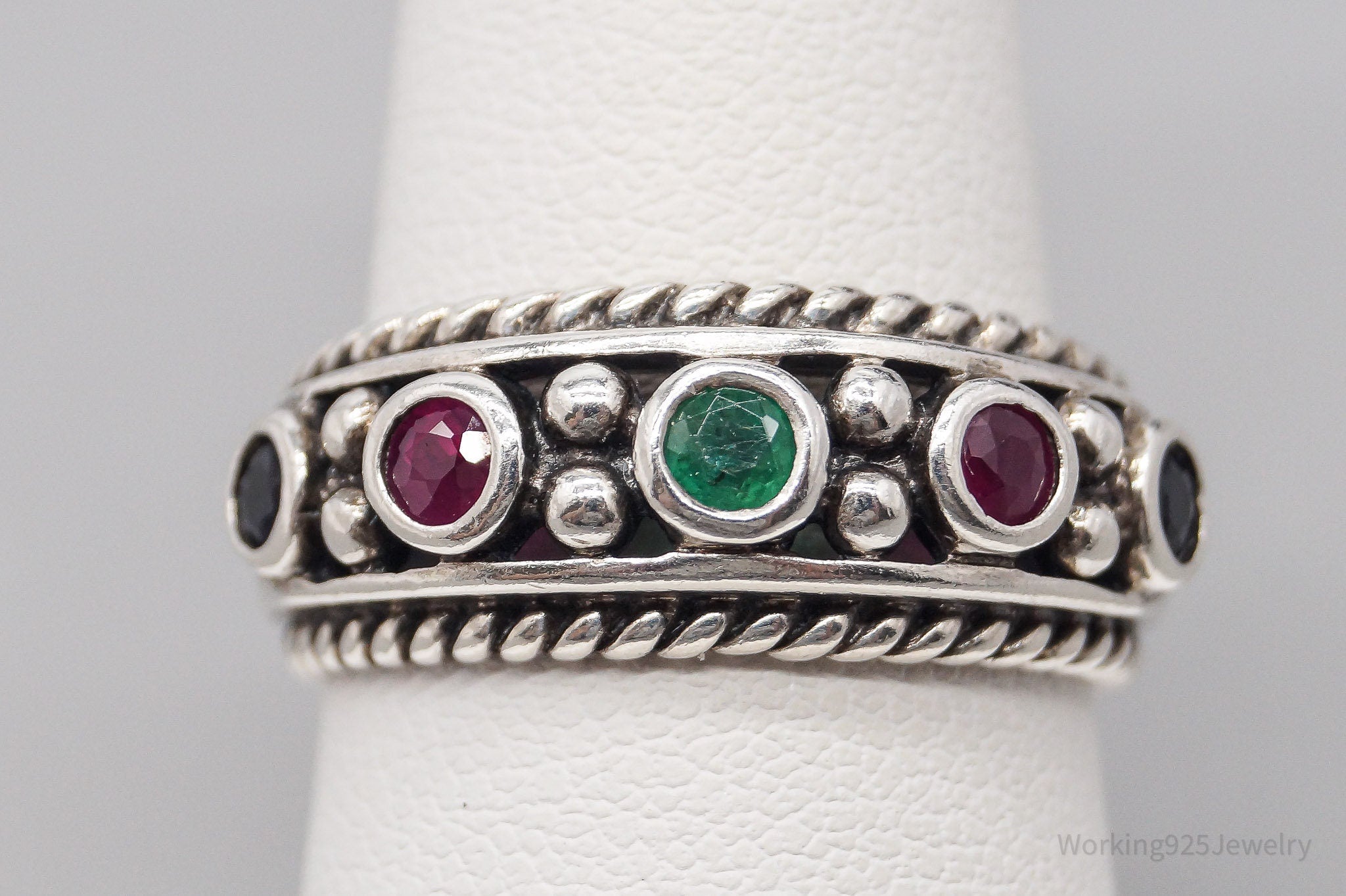 Vintage Ruby Emerald Sapphire Sterling Silver Ring - Size 7.75