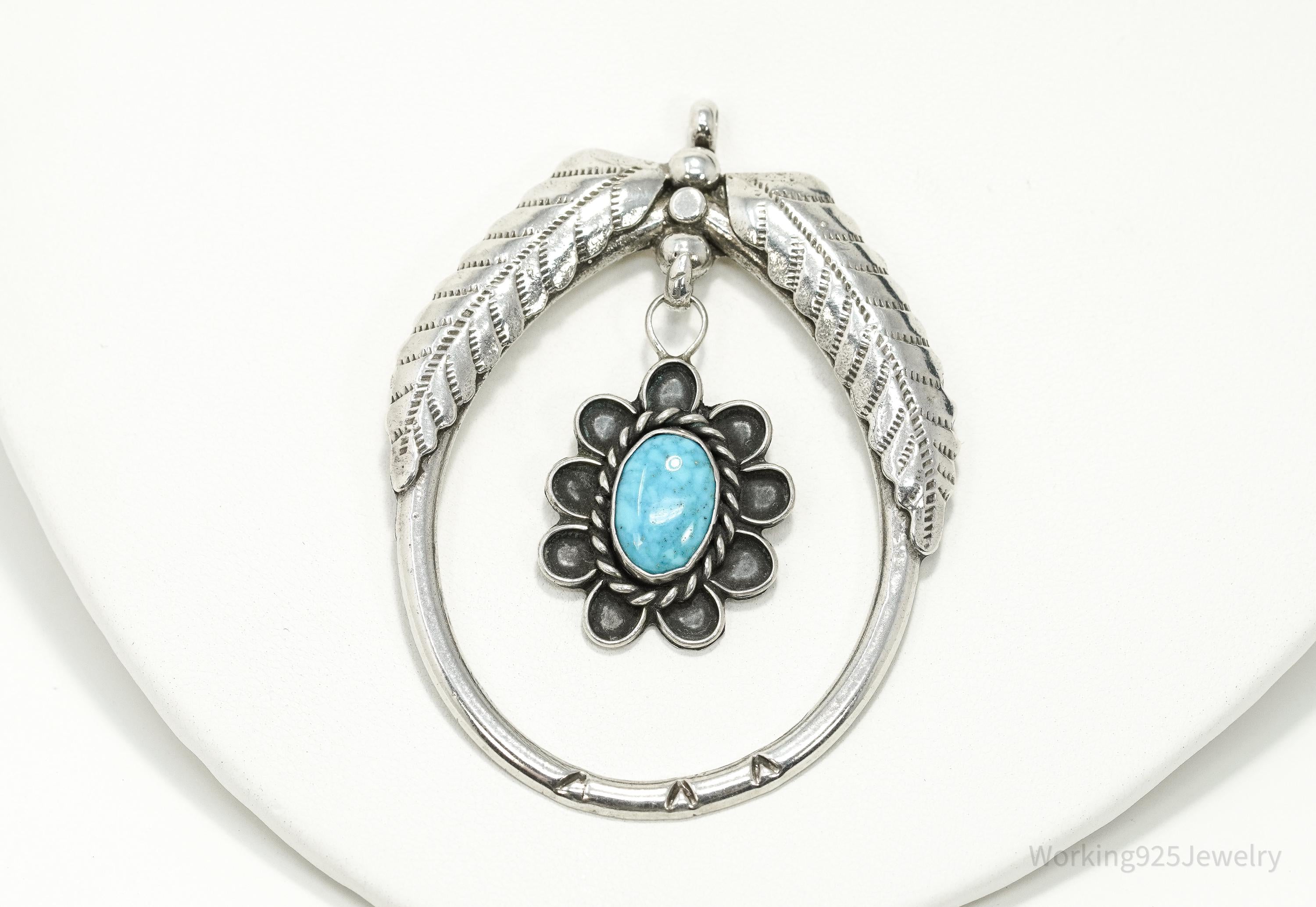 Vintage Mexican Handmade Large Turquoise Sterling Silver Pendant