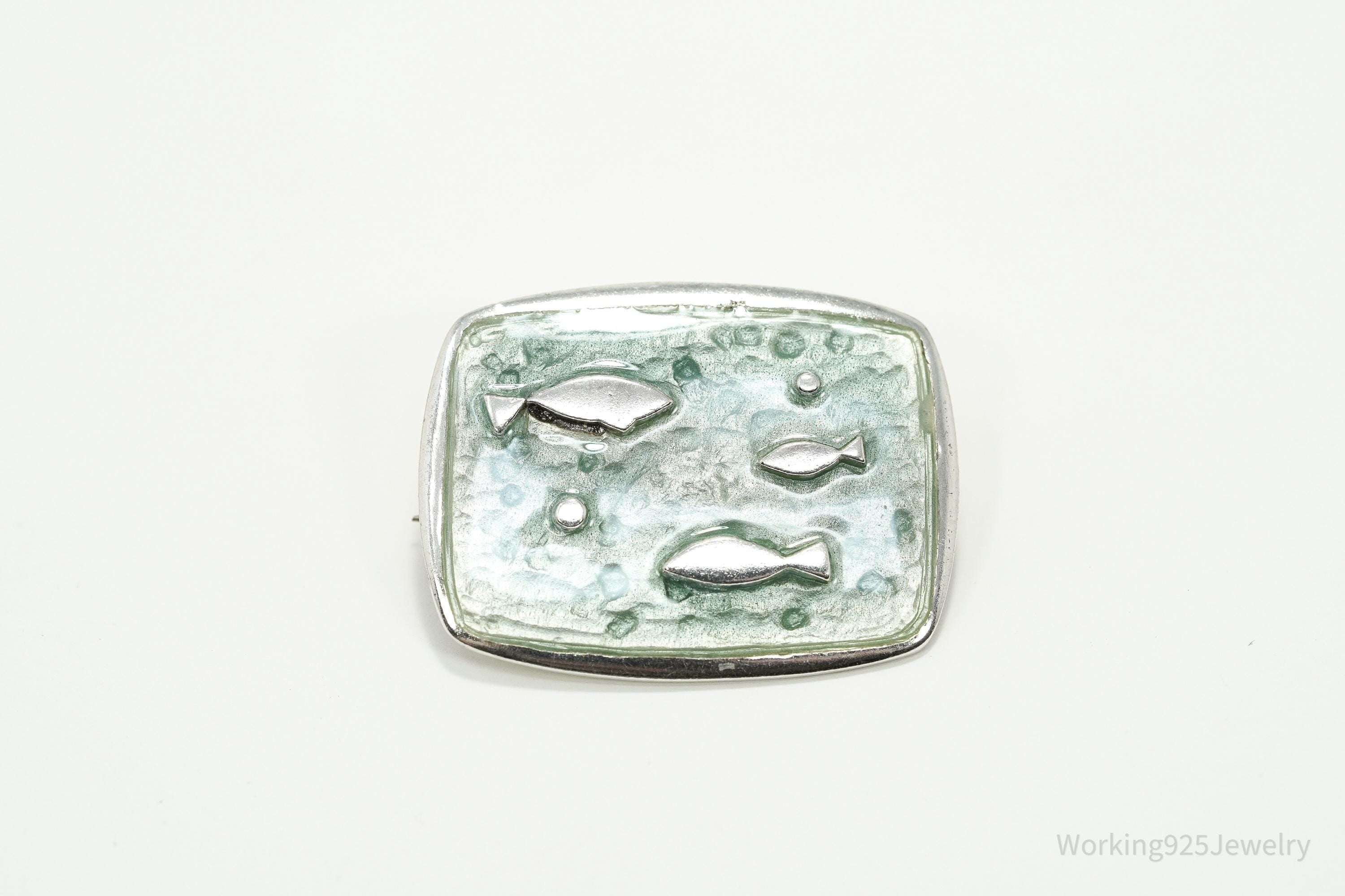 Rare Vintage Fish Enamel Modernist Sterling Silver Brooch Pin