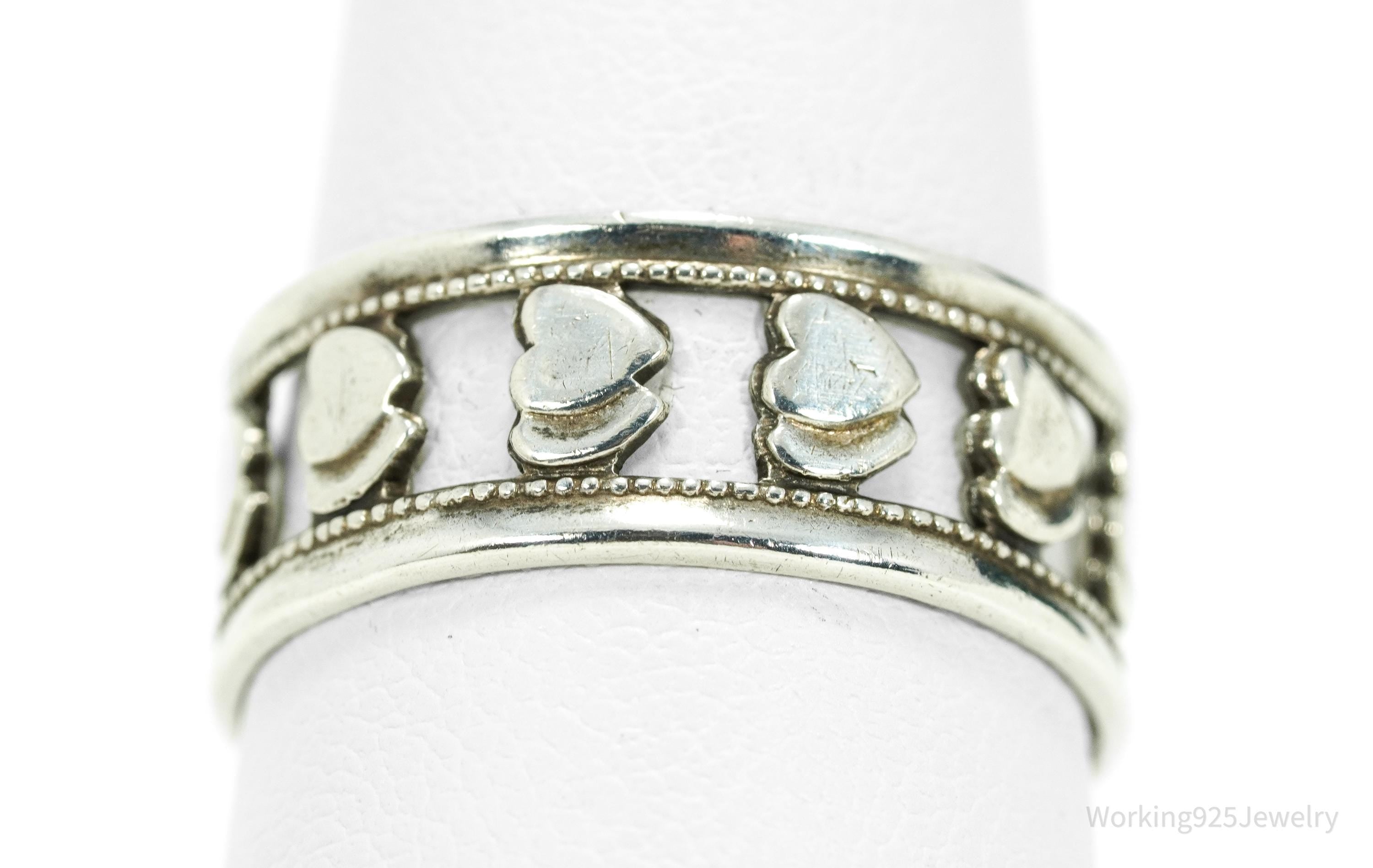 Antique Double Hearts Pattern Sterling Silver Band Ring - Size 8.25