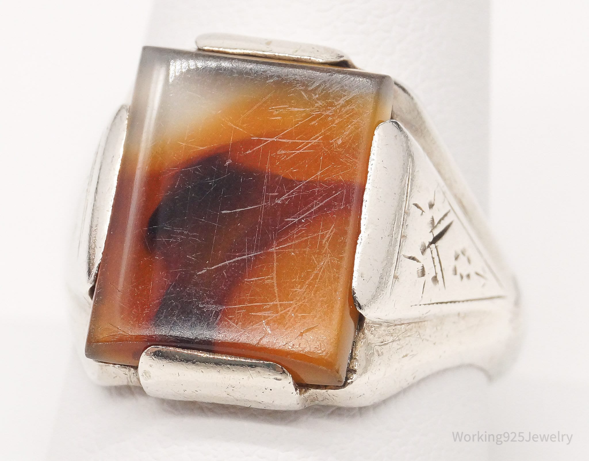 Antique Agate Sterling Silver Ring - Size 9.75