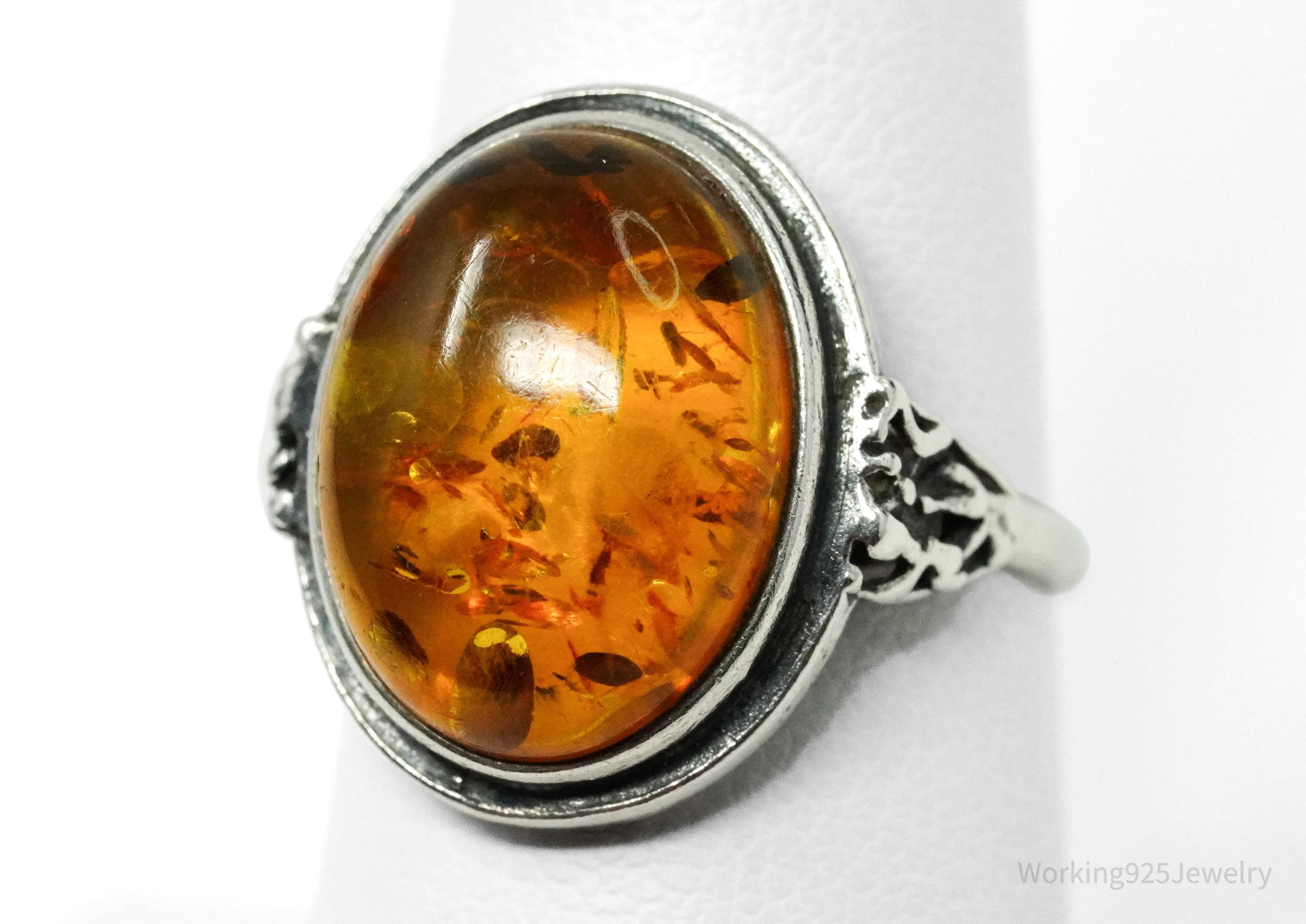 Vintage Amber Sterling Silver Ring - Size 7