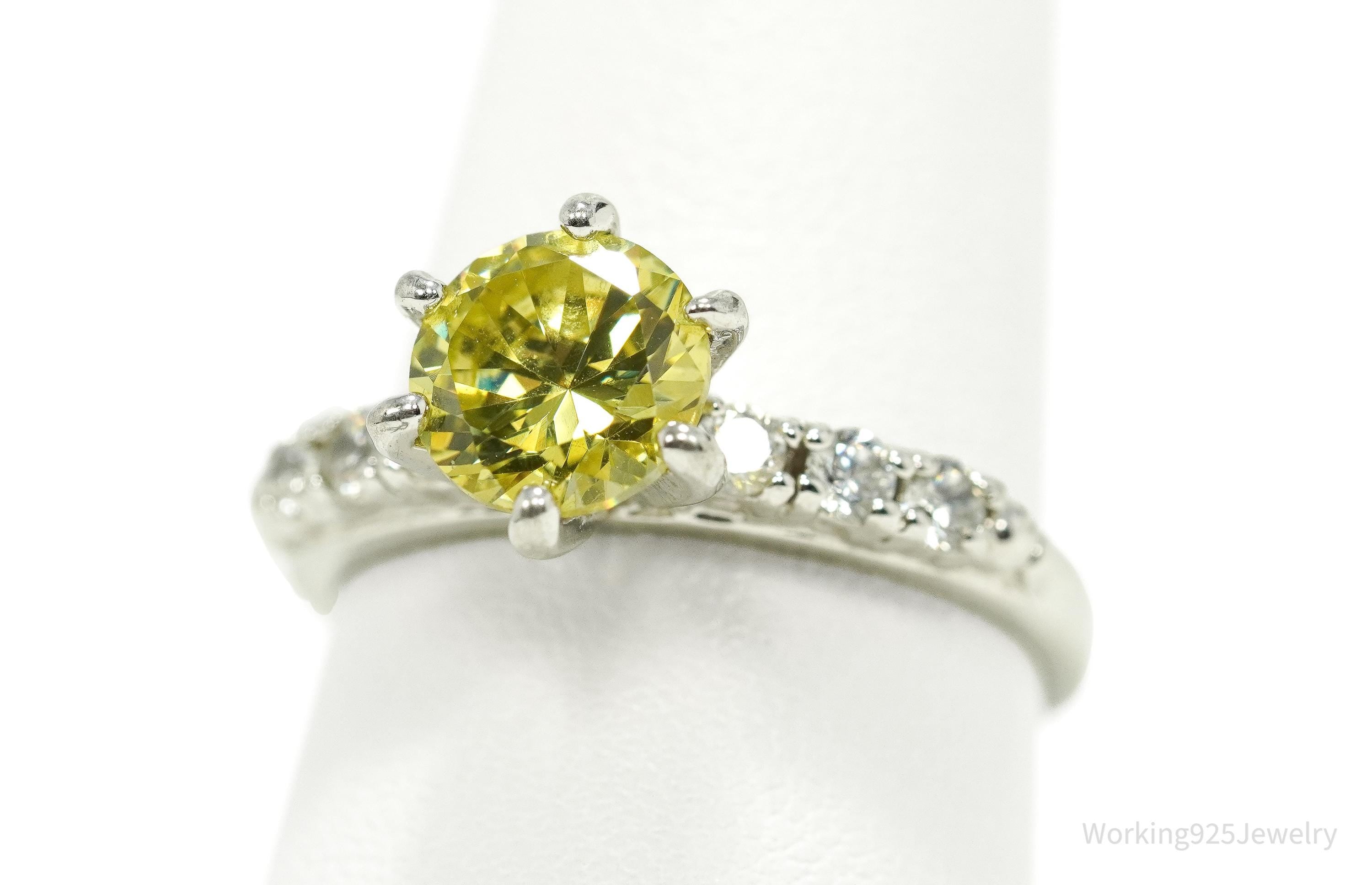 Vintage Yellow & White Cubic Zirconia Silver Ring - Size 9