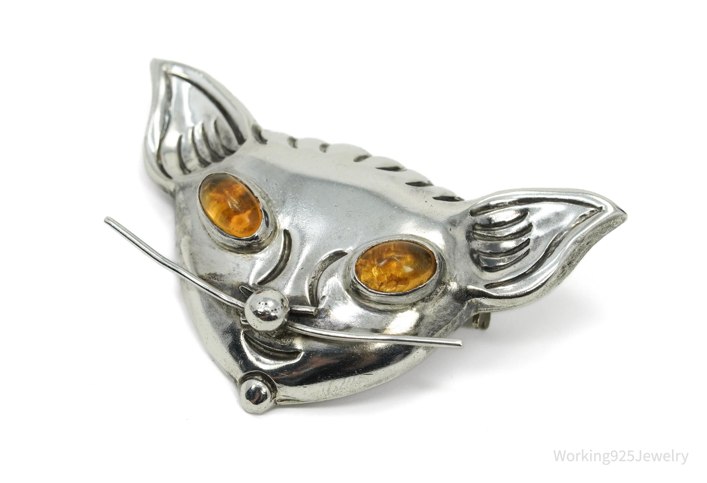 Large Vintage Mexico Amber Eyes Cat Head Sterling Silver Brooch Pin