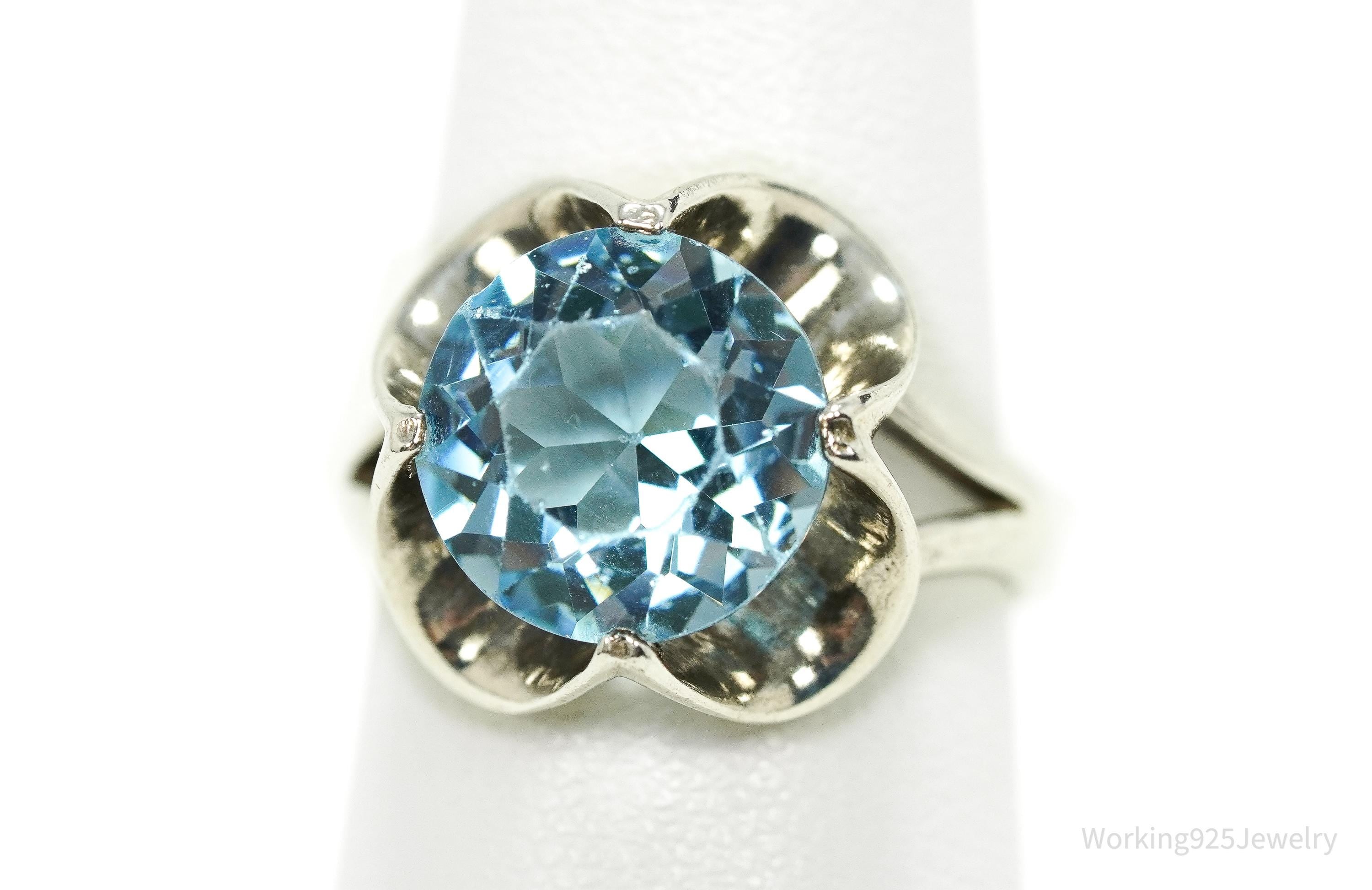 Vintage Blue Glass Stone Sterling Silver Ring - Size 6.75