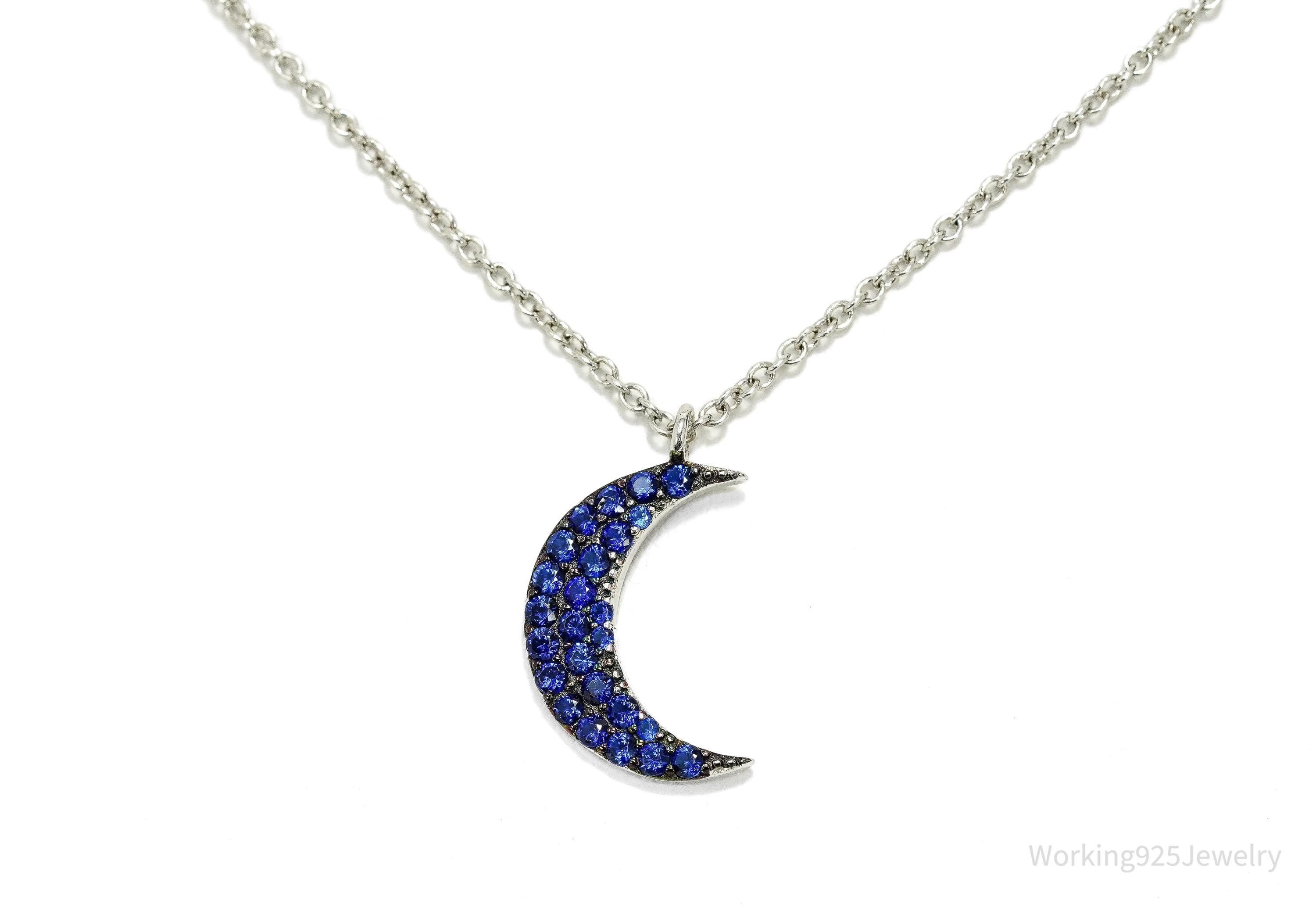 Vintage Blue Spinel Moon Sterling Silver Necklace 18"