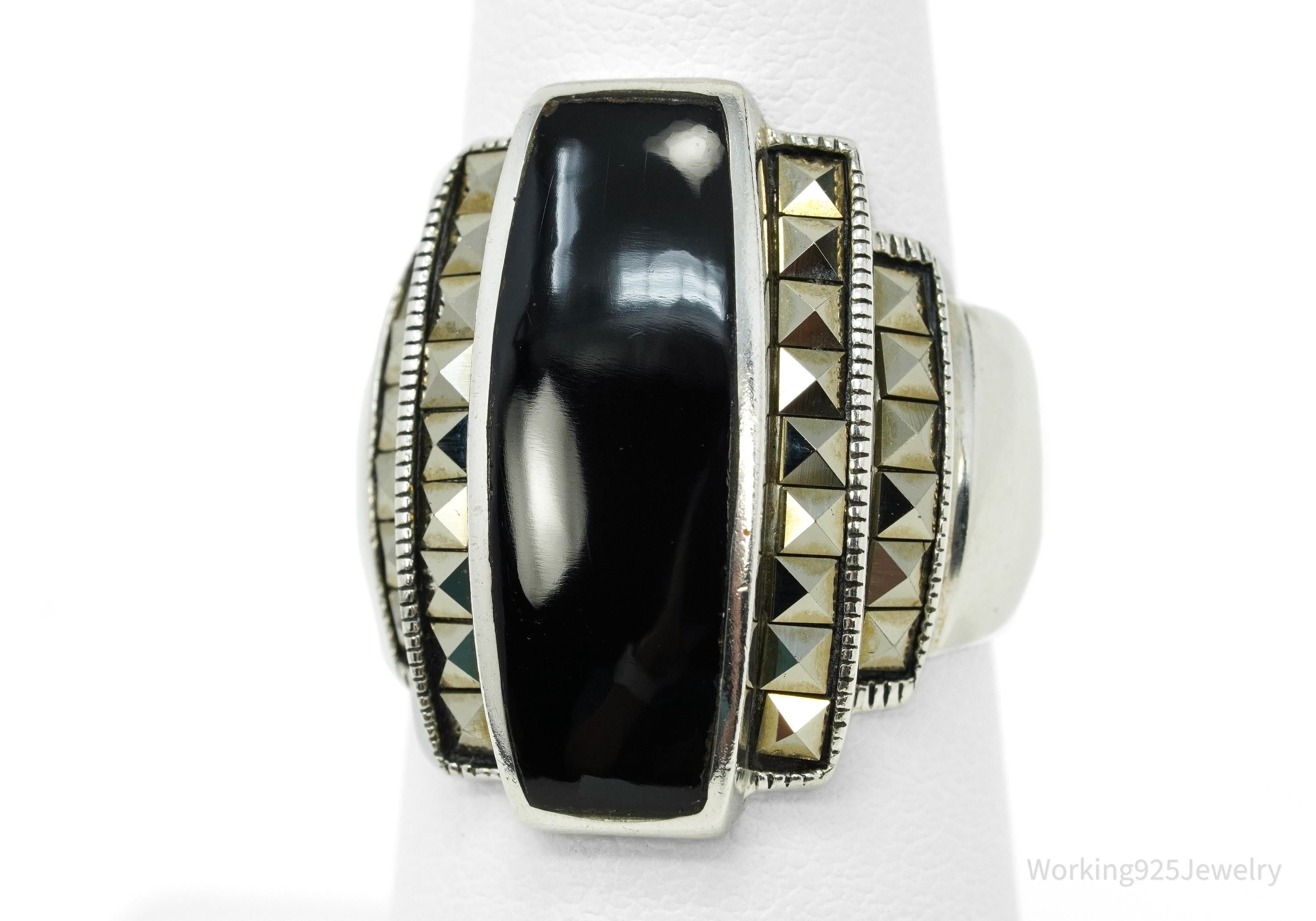 Vintage CFJ Black Onyx & Marcasite Sterling Silver Ring - Size 7