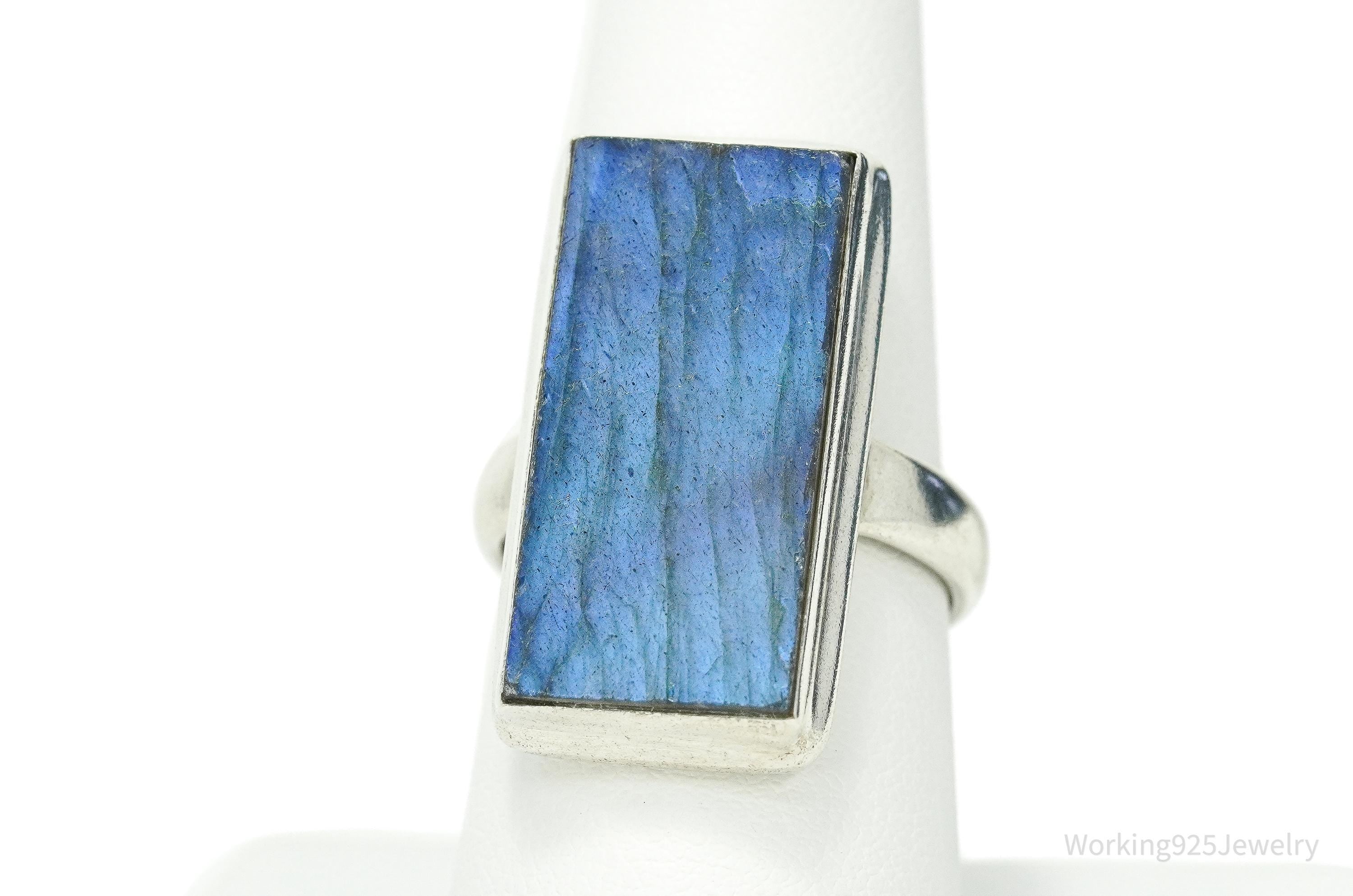 Vintage Large Rectangle Labradorite Sterling Silver Ring - Size 8.5
